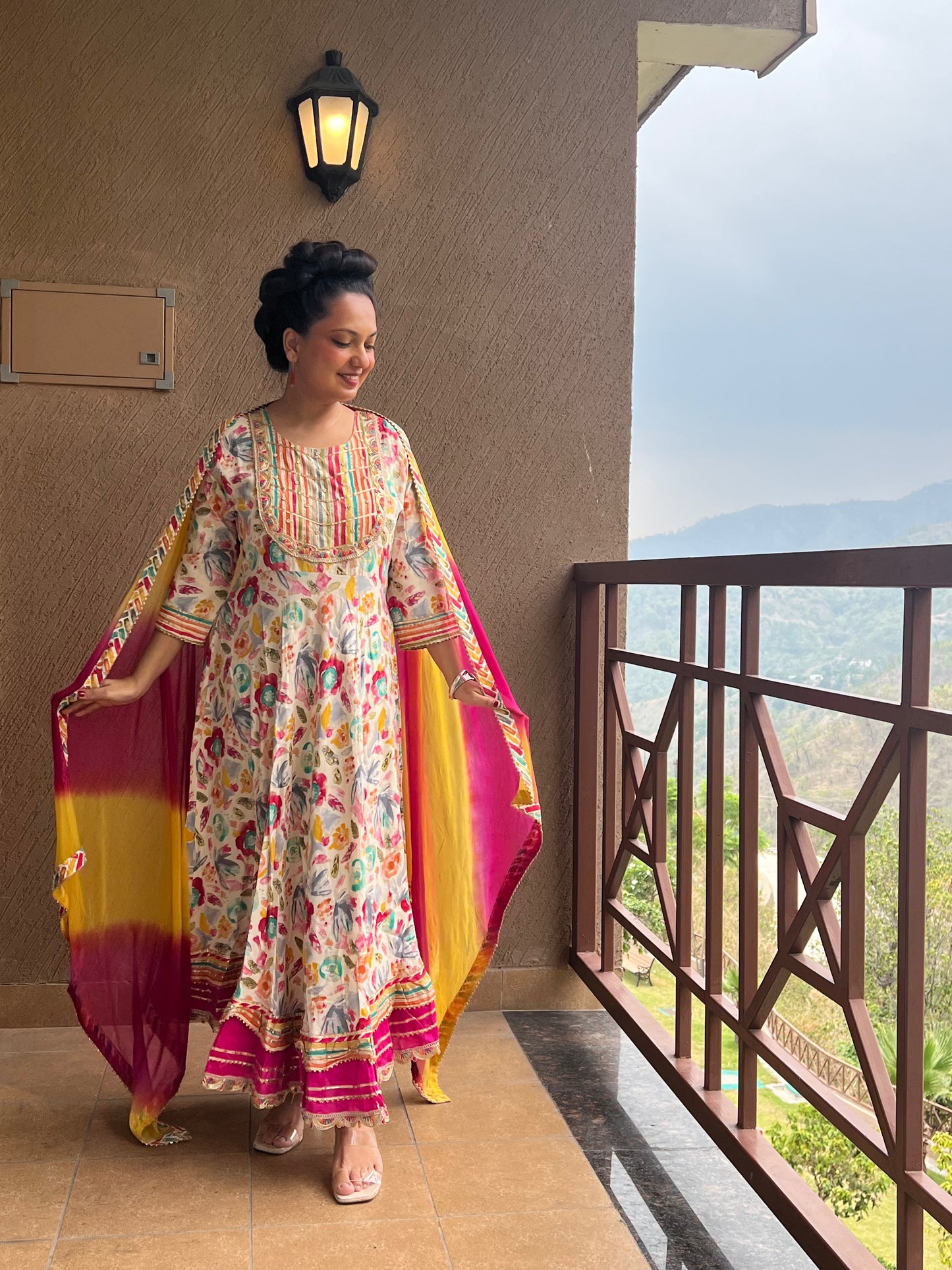 White Floral Anarkali with Dupatta – Phoolwari Joy