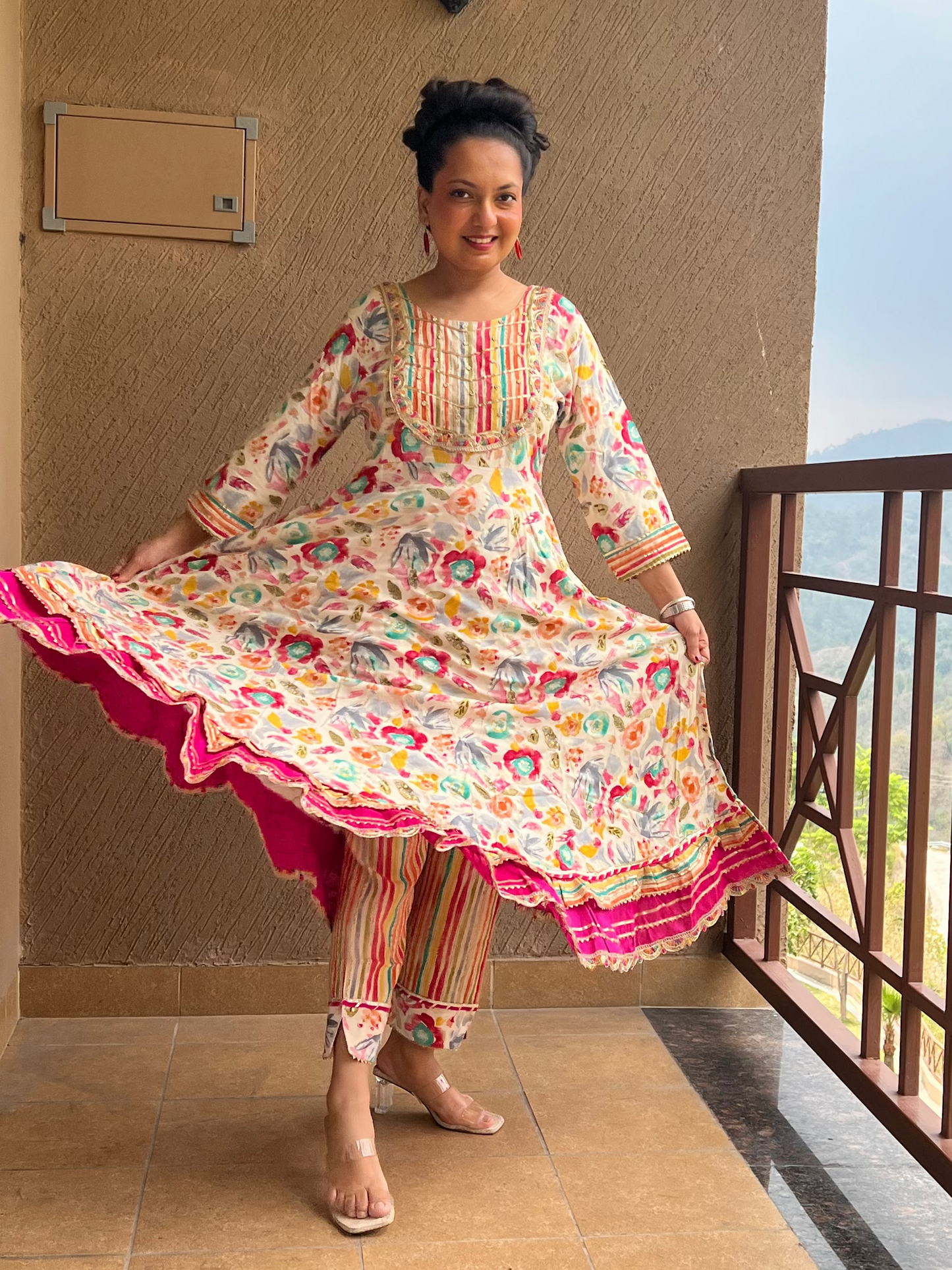 White Floral Anarkali with Dupatta – Phoolwari Joy