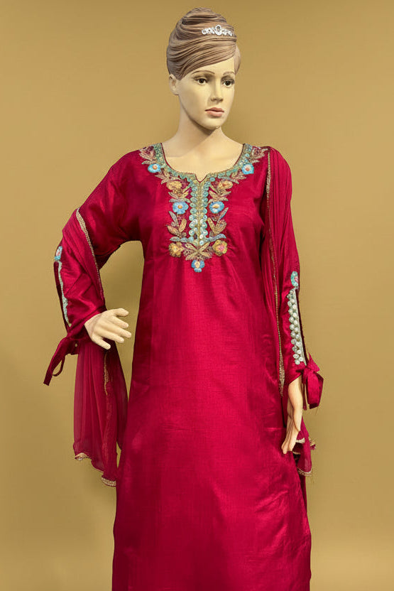 Wine Embroidered Kurta Set with Dupatta – Rani Wine