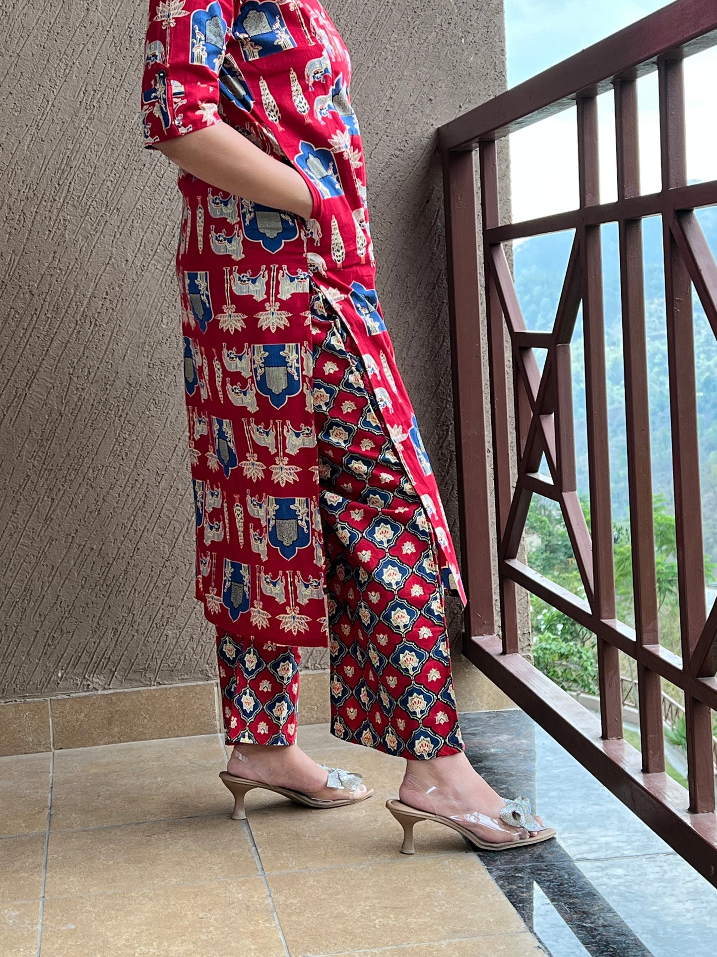 Red Ethnic Print Long Co-ord set in Cotton with Pockets– Riva Scarlet
