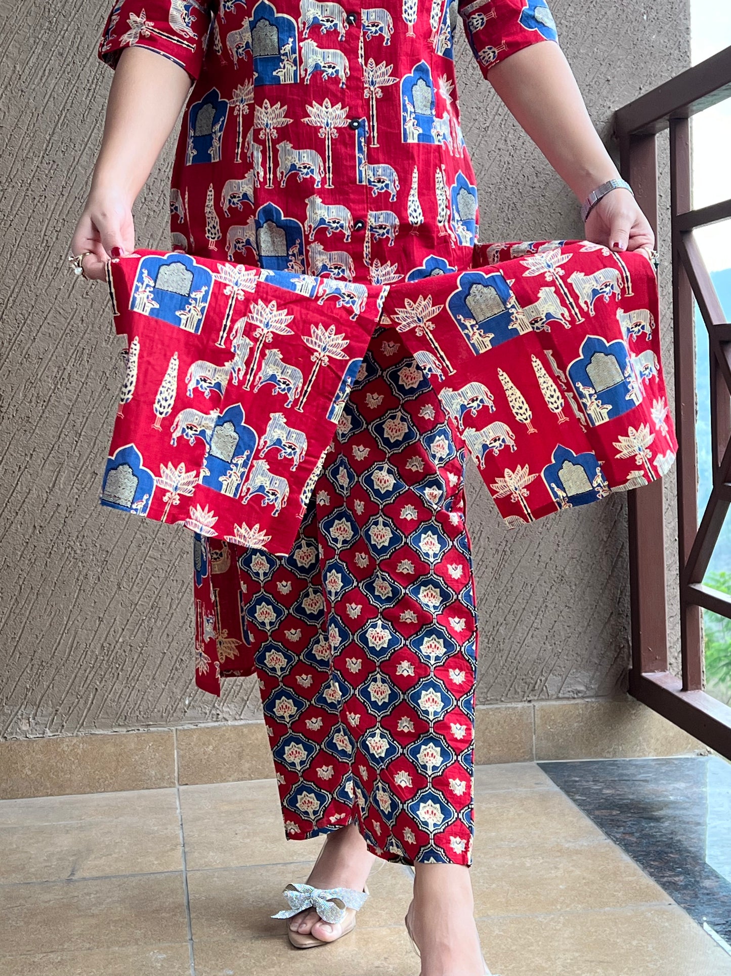 Red Ethnic Print Long Co-ord set in Cotton with Pockets– Riva Scarlet