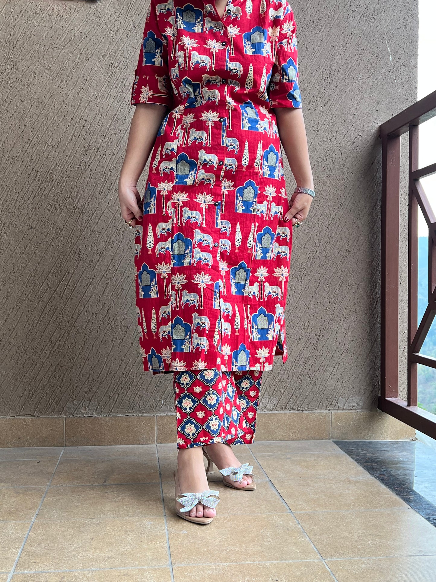 Red Ethnic Print Long Co-ord set in Cotton with Pockets– Riva Scarlet