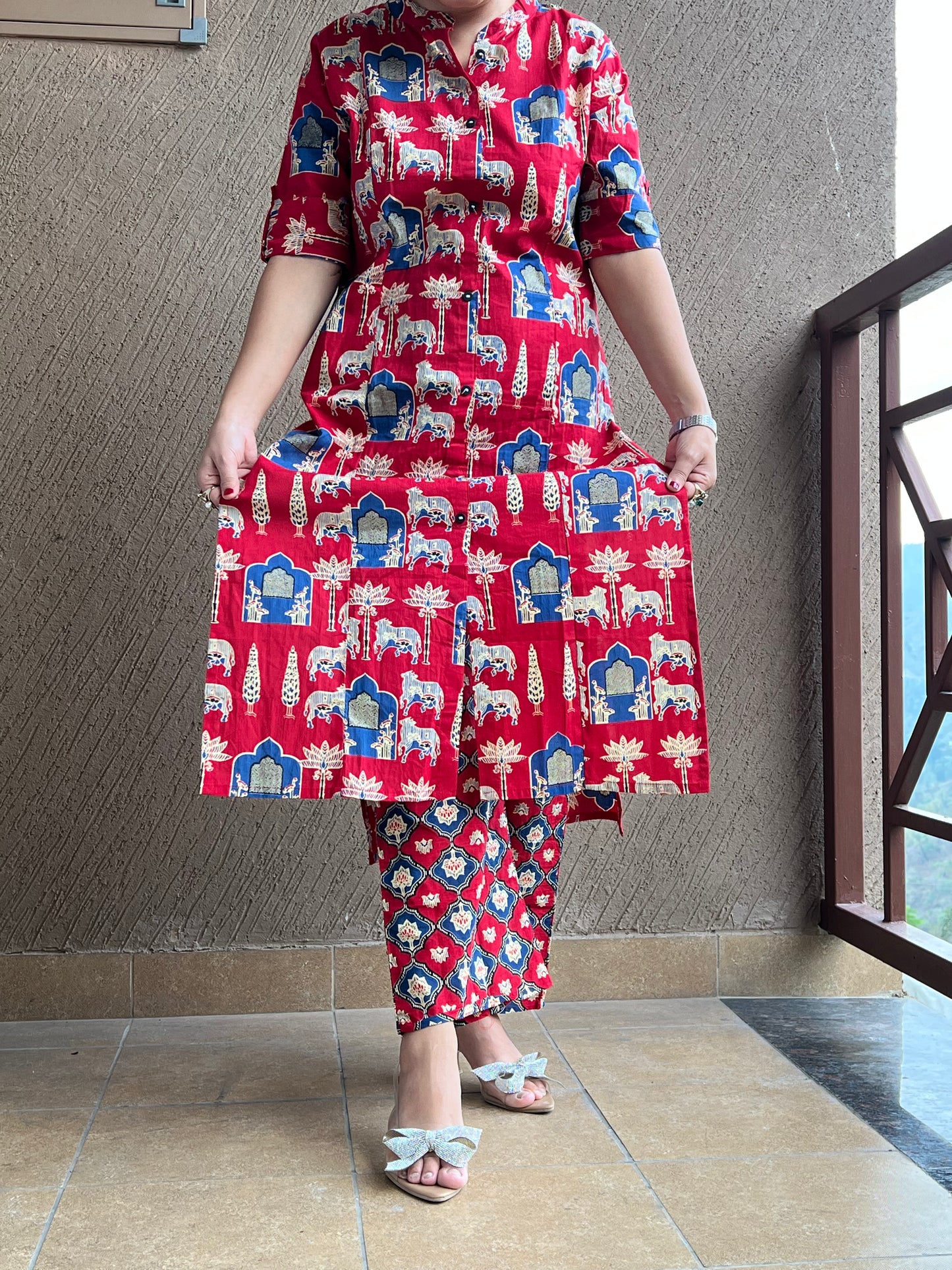 Red Ethnic Print Long Co-ord set in Cotton with Pockets– Riva Scarlet