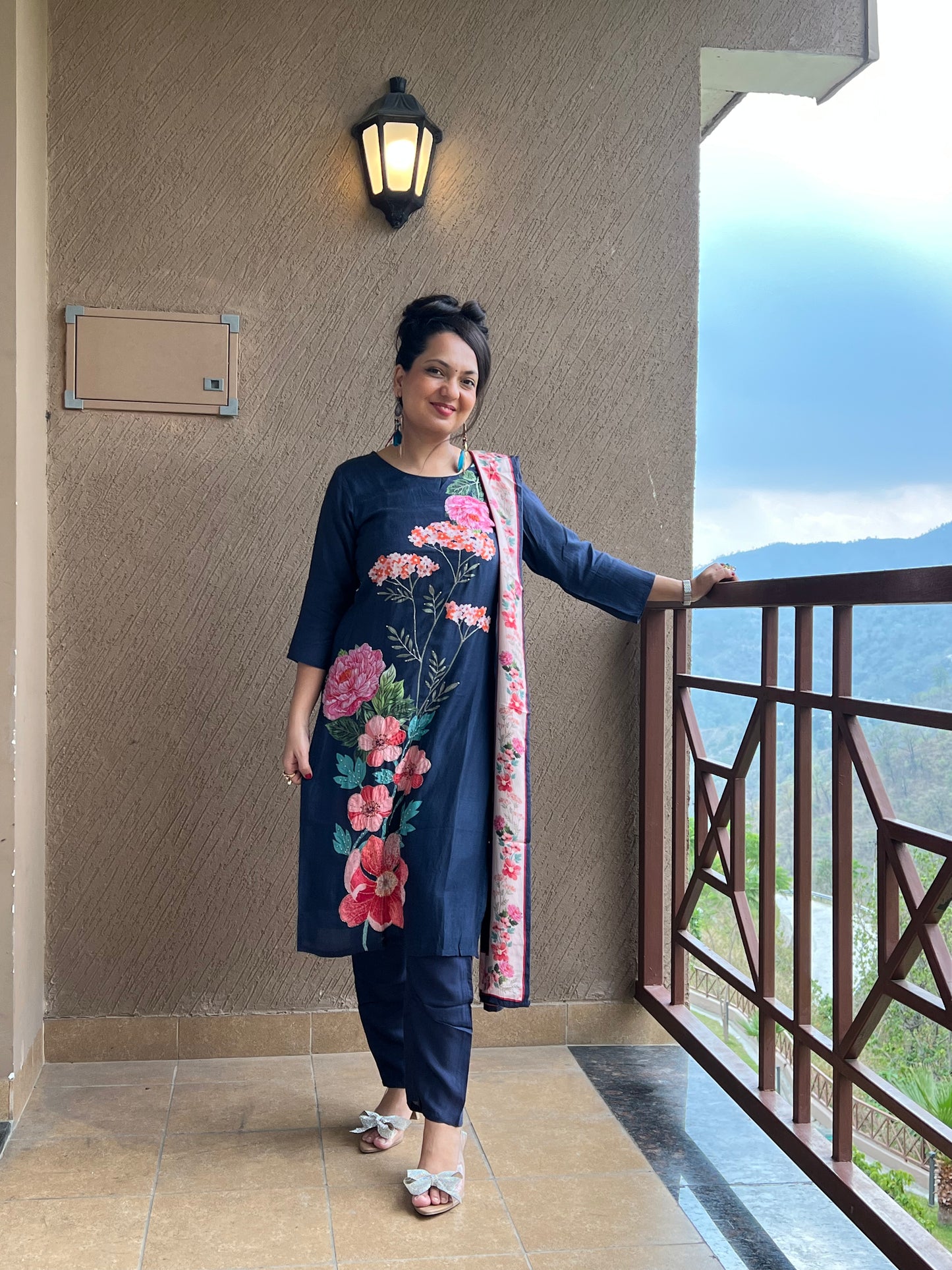 "Navy Blue Floral Kurta Set with Dupatta – Inara Navy "