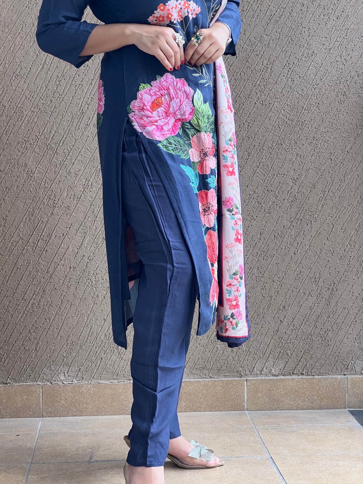 "Navy Blue Floral Kurta Set with Dupatta – Inara Navy "