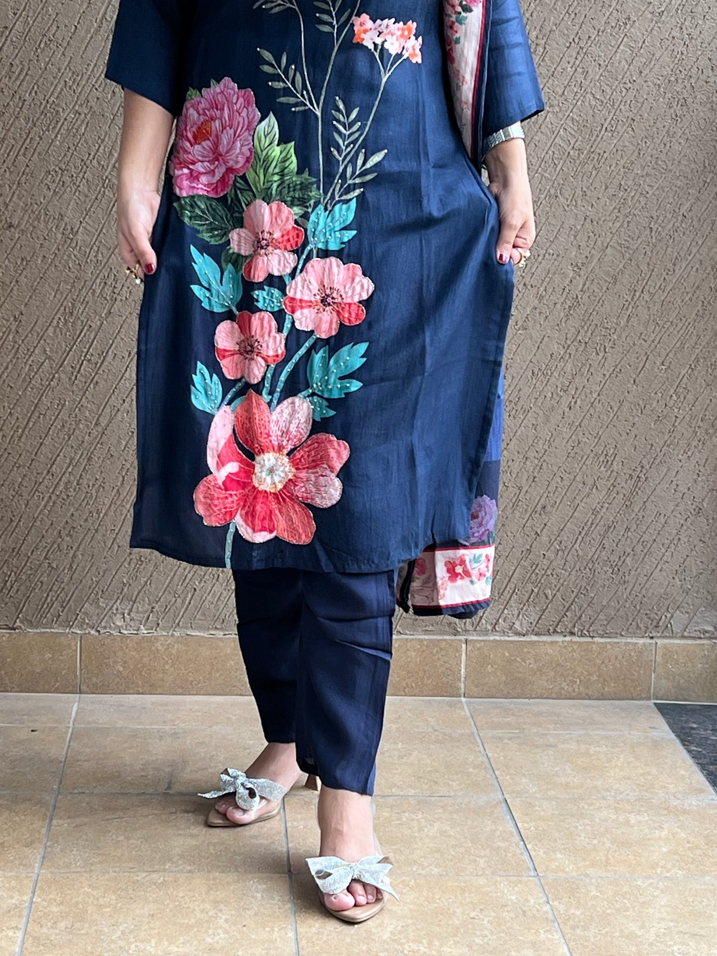 "Navy Blue Floral Kurta Set with Dupatta – Inara Navy "