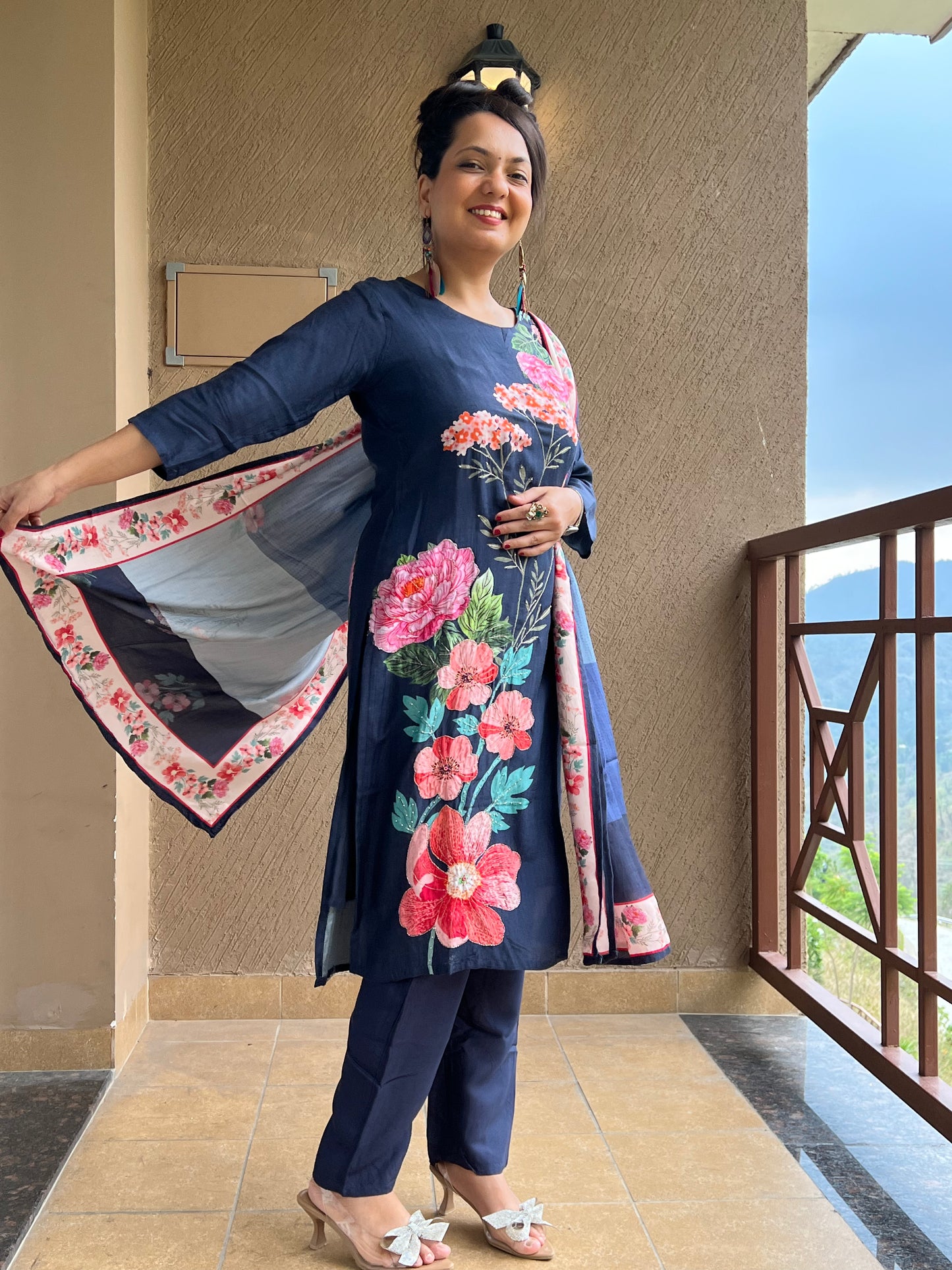 "Navy Blue Floral Kurta Set with Dupatta – Inara Navy "