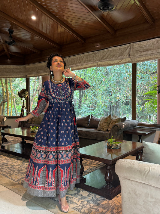 Flared Anarkali Suit in Cotton with Ethnic Print – Noor Navy