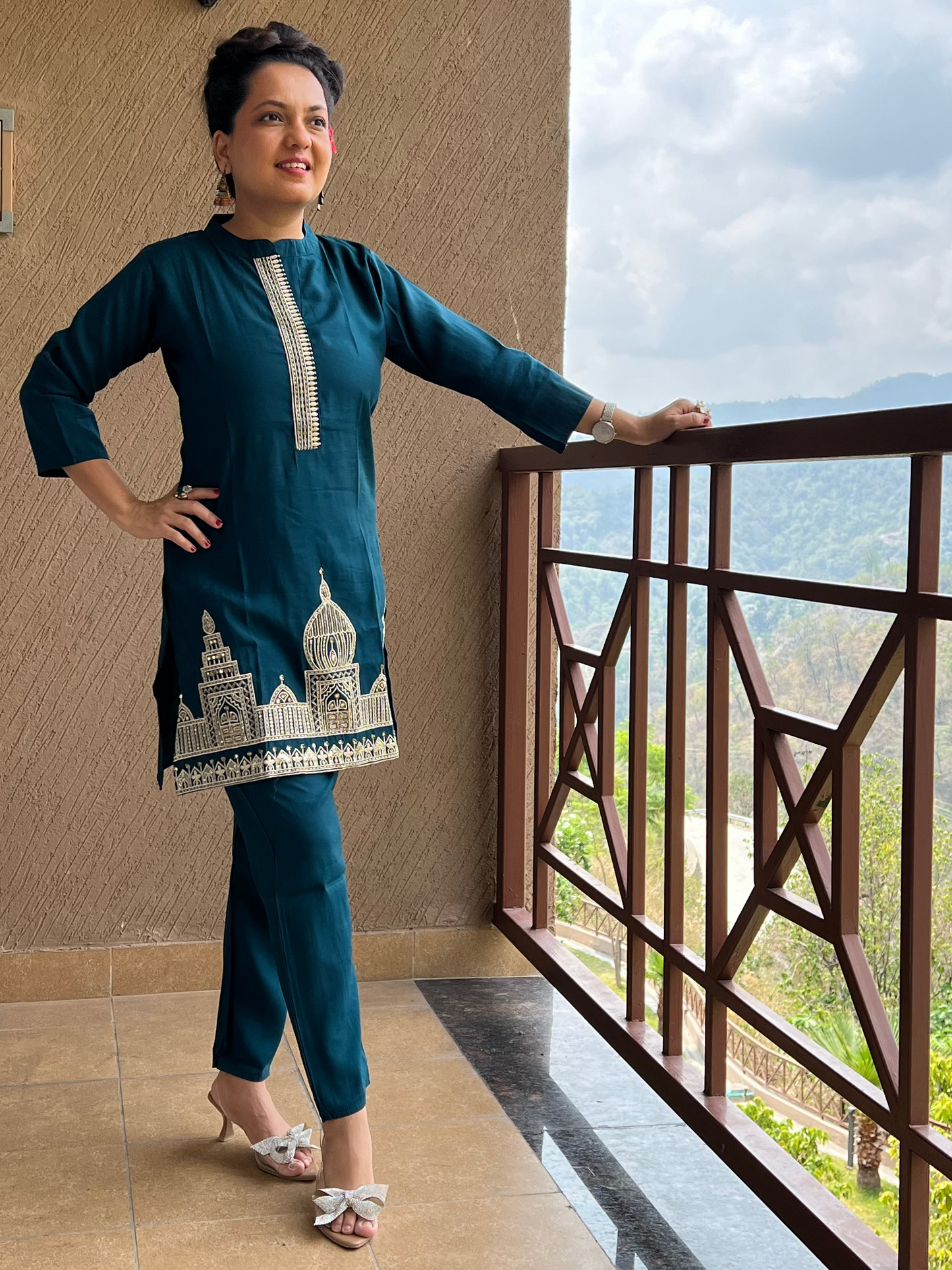 Teal Zari Embroidered Co-ord Set in Cotton Silk – Aarya Teal