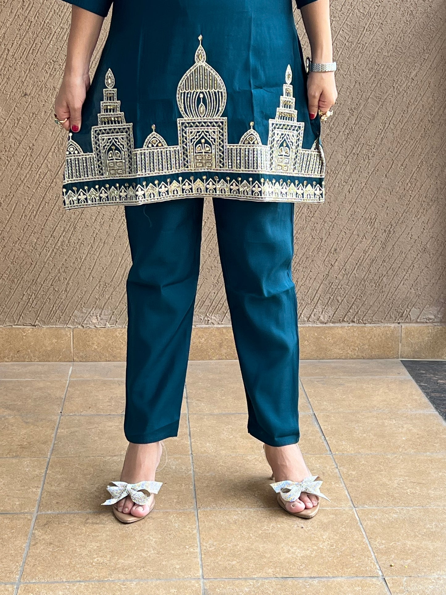 Teal Zari Embroidered Co-ord Set in Cotton Silk – Aarya Teal