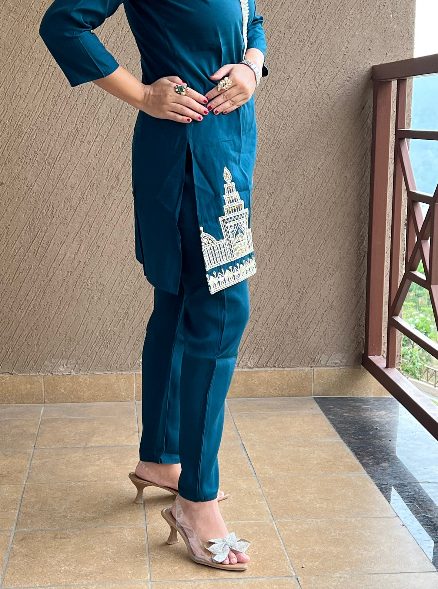 Teal Zari Embroidered Co-ord Set in Cotton Silk – Aarya Teal