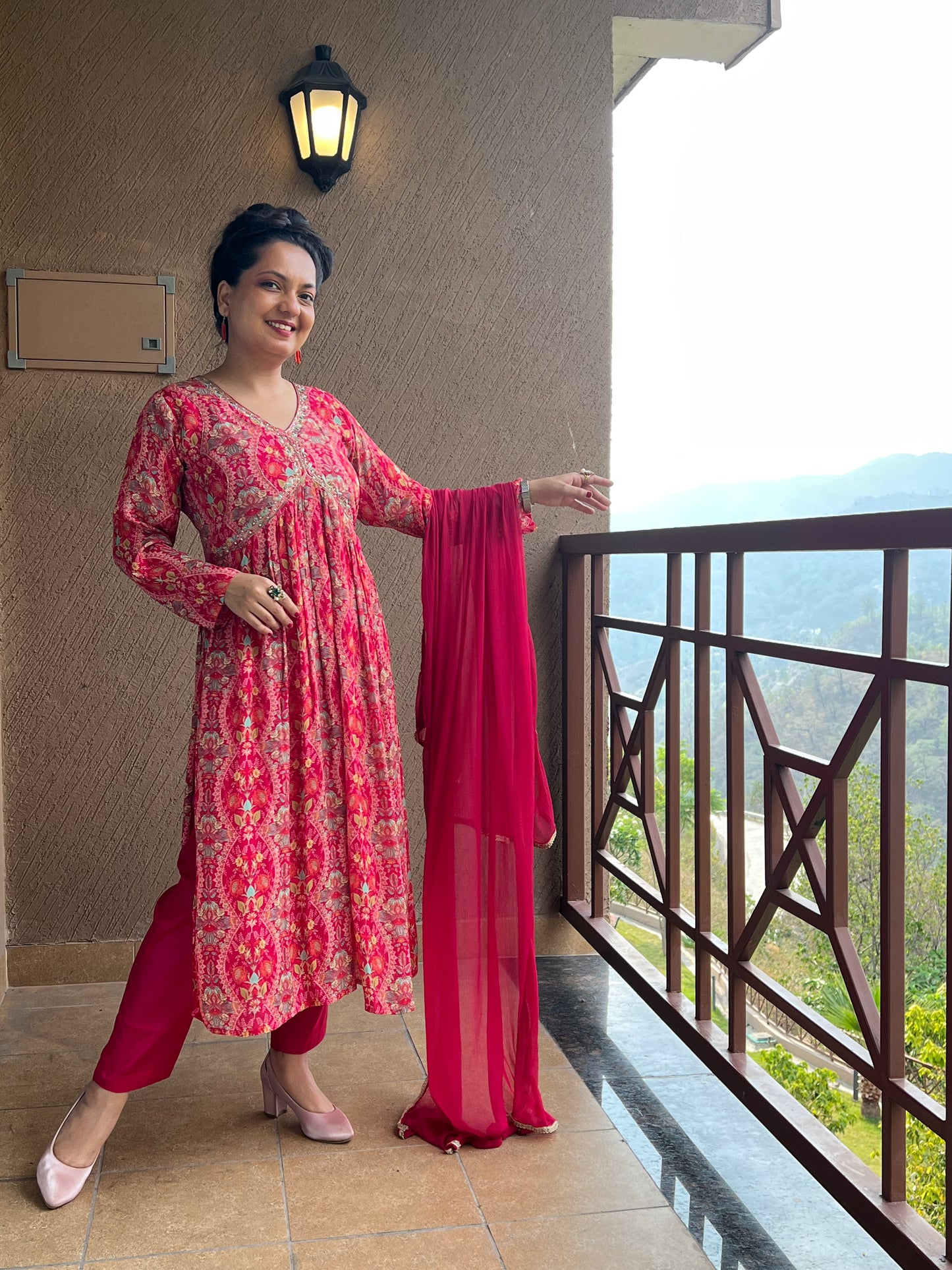 Pink Printed Anarkali Kurta Set in Chinon– Ruby Noor