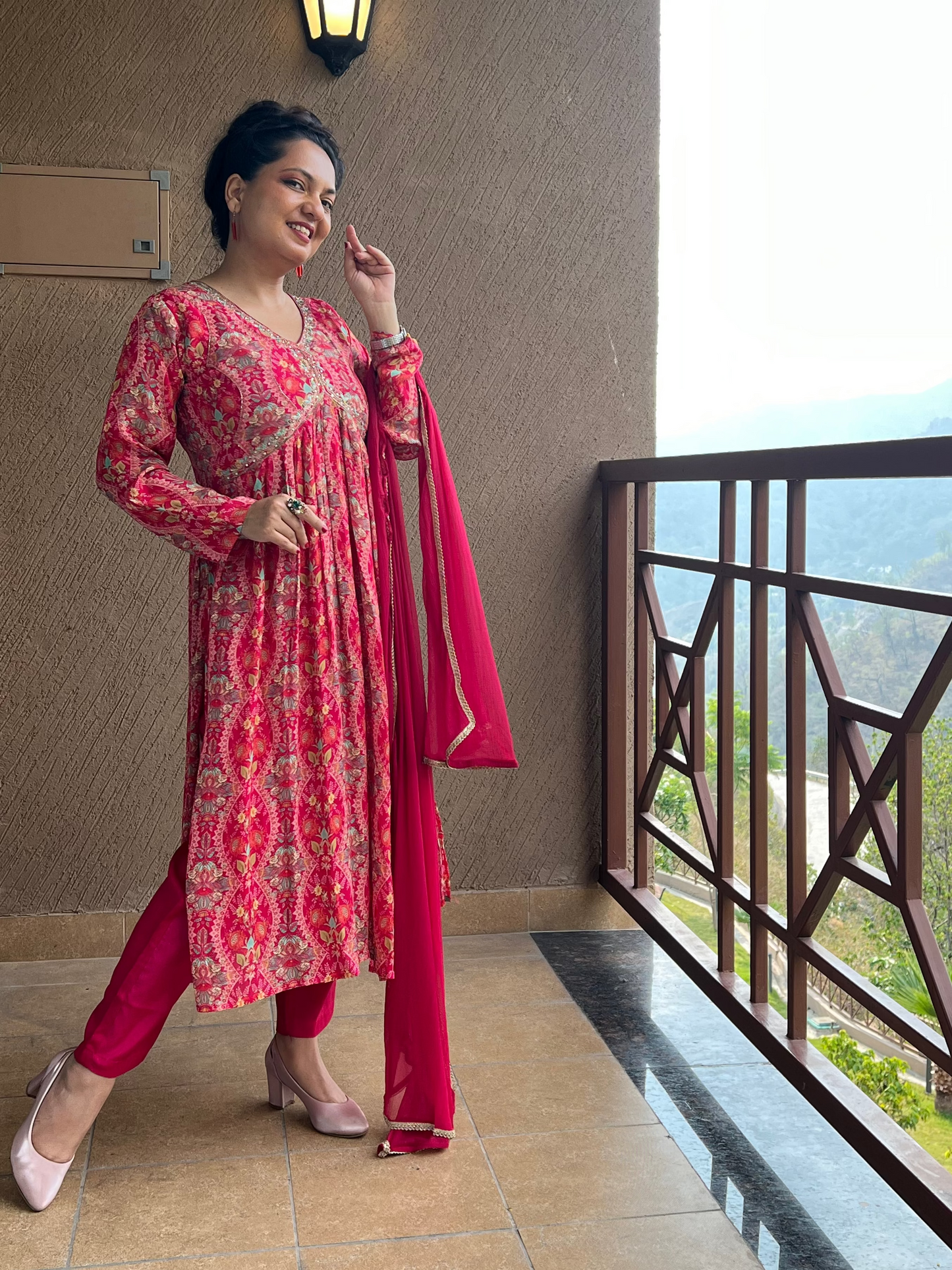 Pink Printed Anarkali Kurta Set in Chinon– Ruby Noor