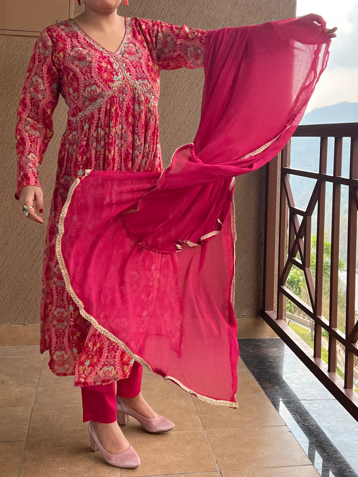 Pink Printed Anarkali Kurta Set in Chinon– Ruby Noor