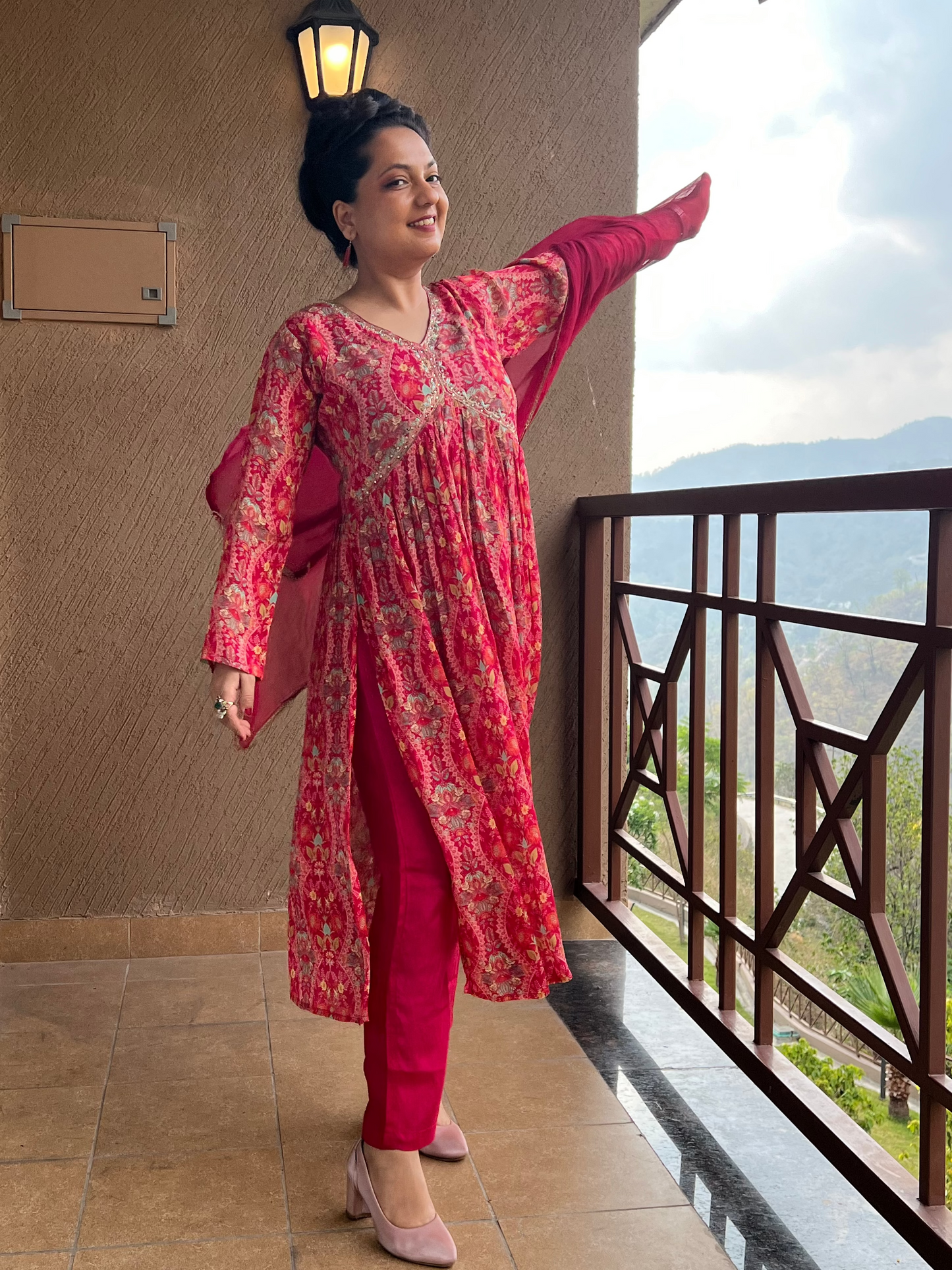 Pink Printed Anarkali Kurta Set in Chinon– Ruby Noor