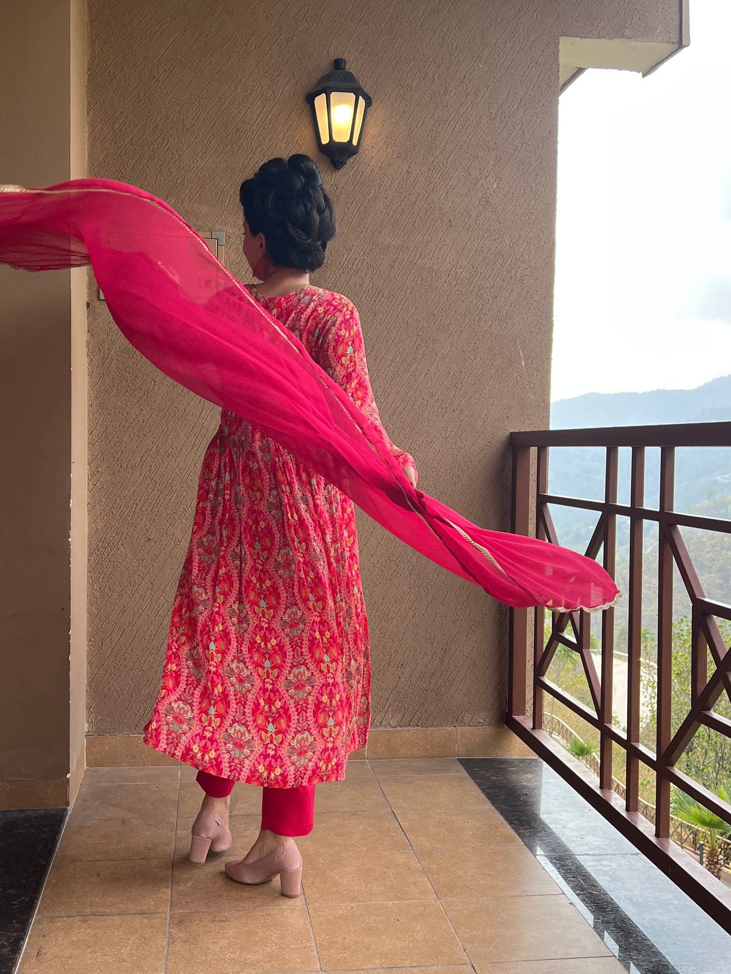 Pink Printed Anarkali Kurta Set in Chinon– Ruby Noor