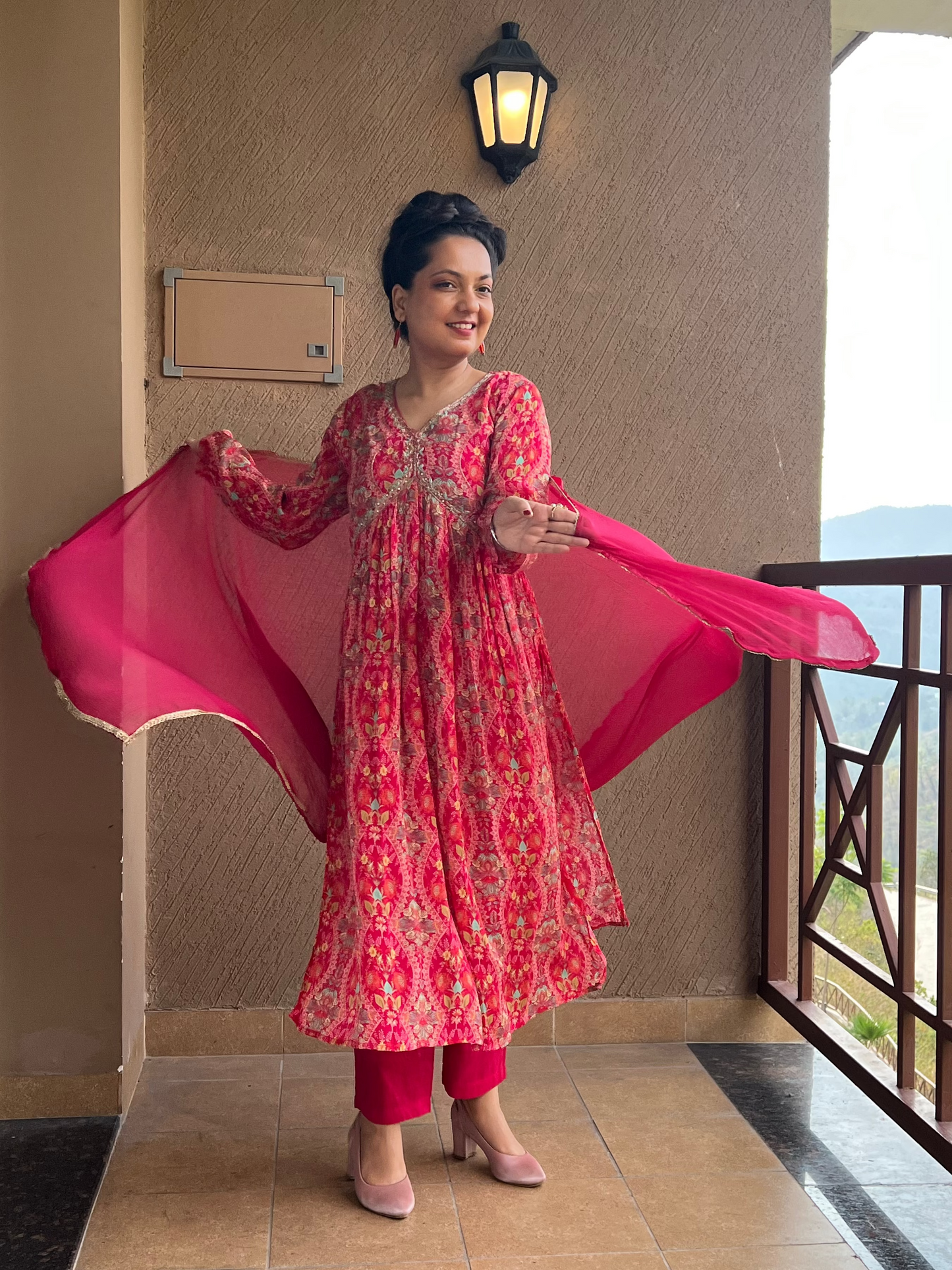 Pink Printed Anarkali Kurta Set in Chinon– Ruby Noor
