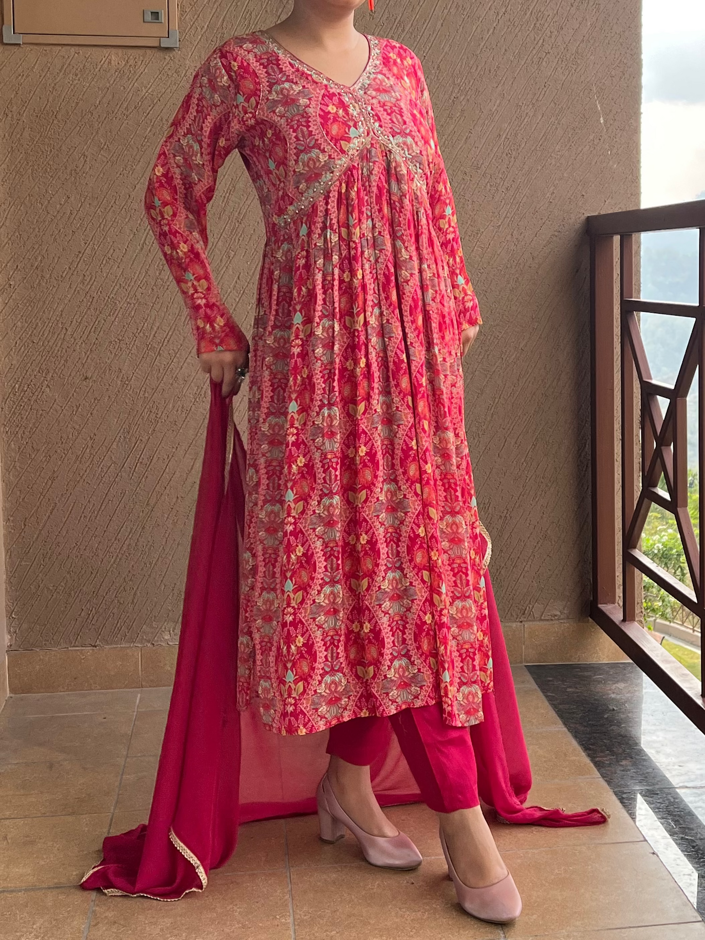 Pink Printed Anarkali Kurta Set in Chinon– Ruby Noor