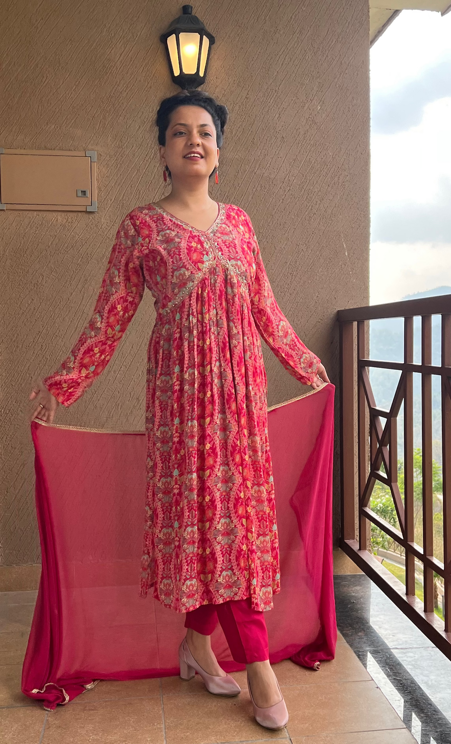 Pink Printed Anarkali Kurta Set in Chinon– Ruby Noor