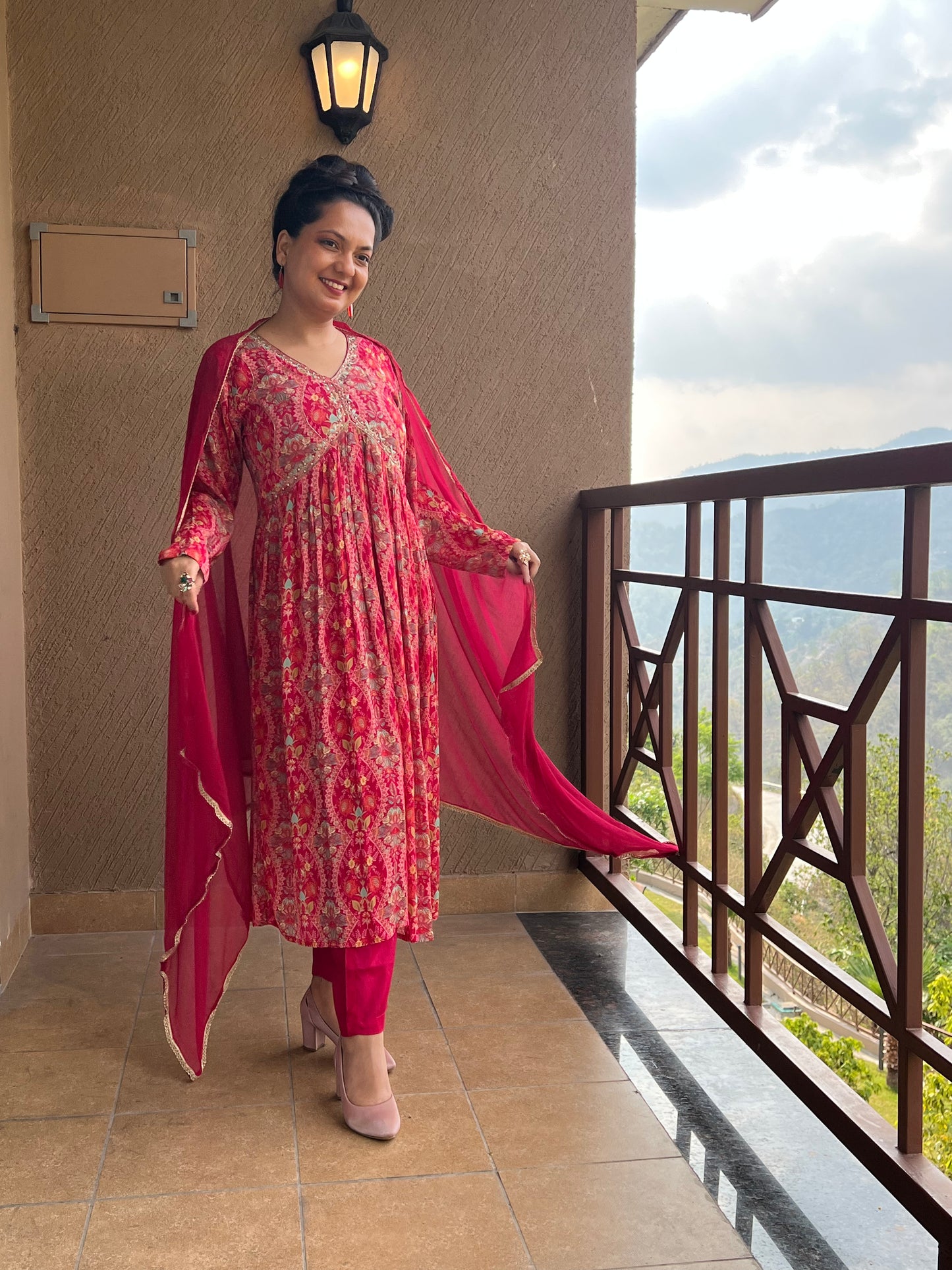 Pink Printed Anarkali Kurta Set in Chinon– Ruby Noor