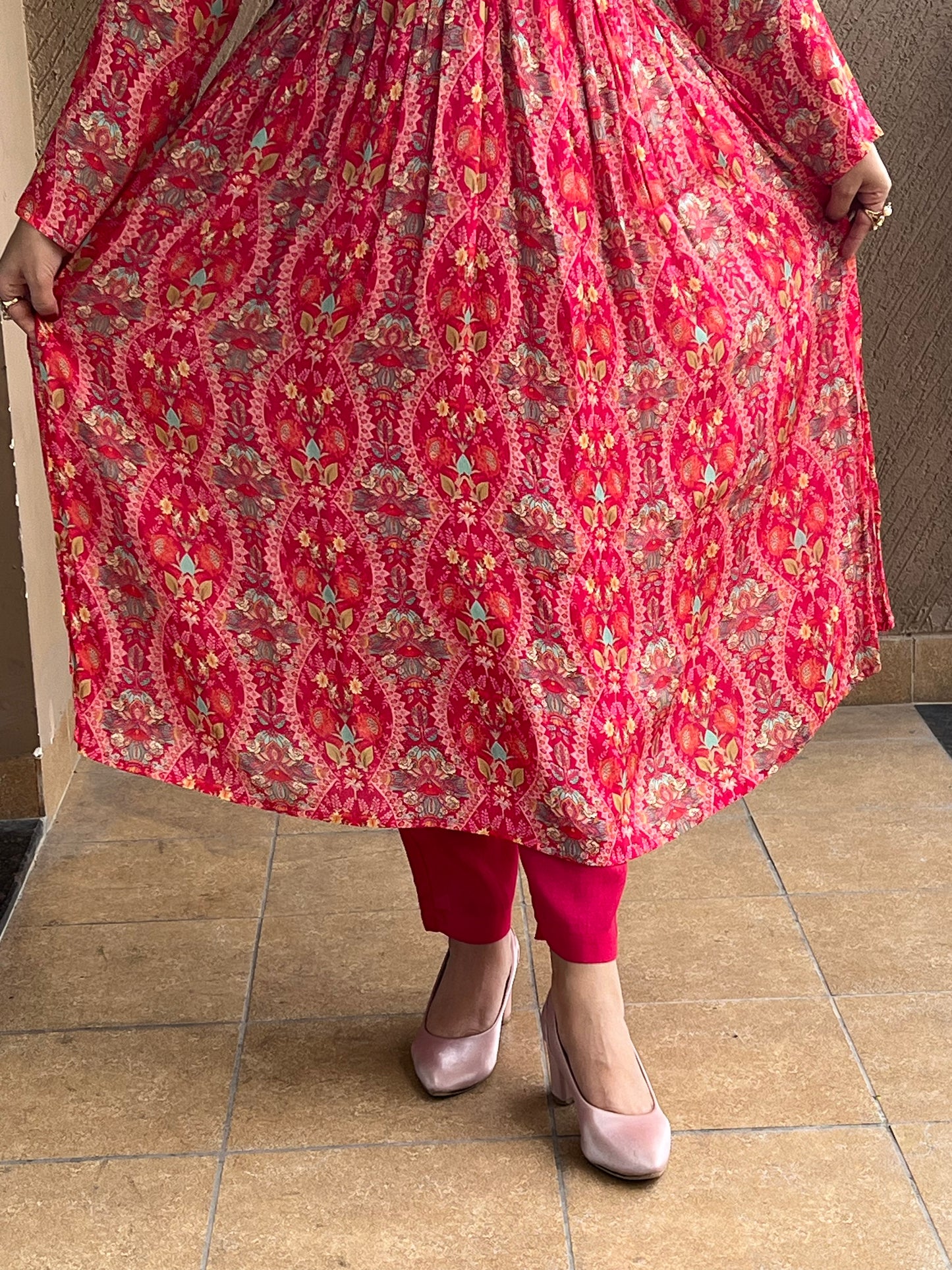 Pink Printed Anarkali Kurta Set in Chinon– Ruby Noor