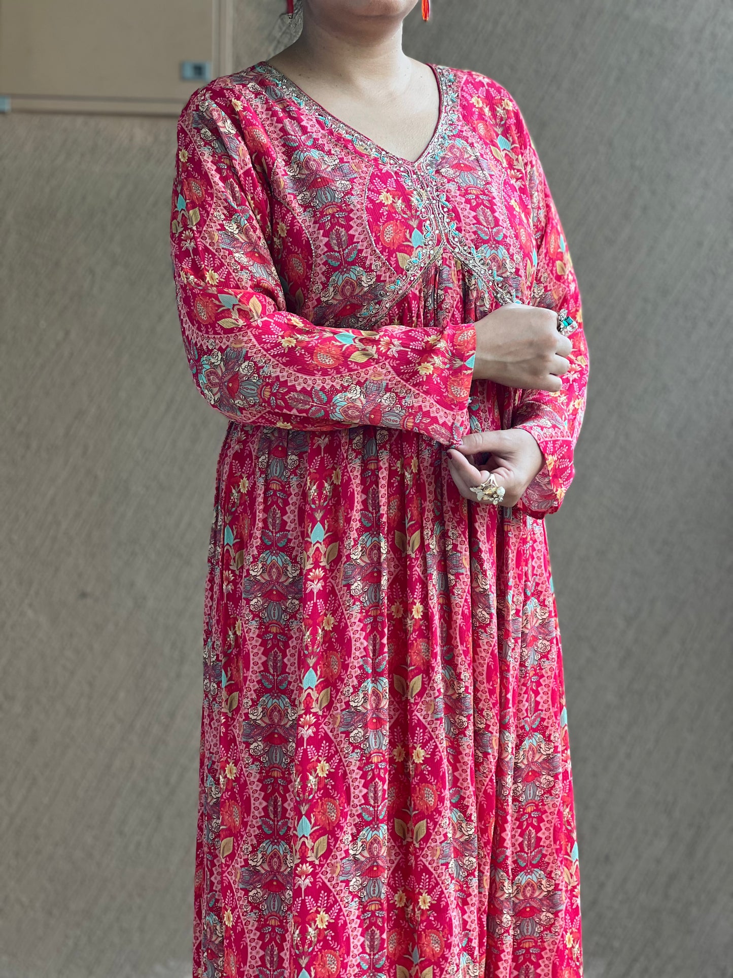 Pink Printed Anarkali Kurta Set in Chinon– Ruby Noor