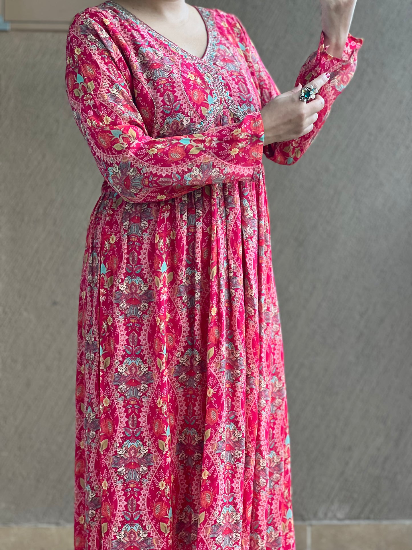 Pink Printed Anarkali Kurta Set in Chinon– Ruby Noor