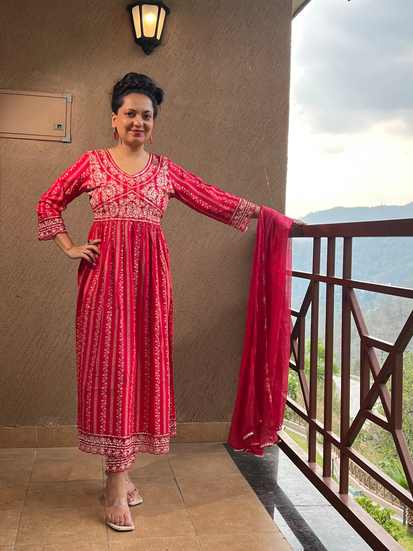 "Red Printed Anarkali Suit with Dupatta – Laal Noor "
