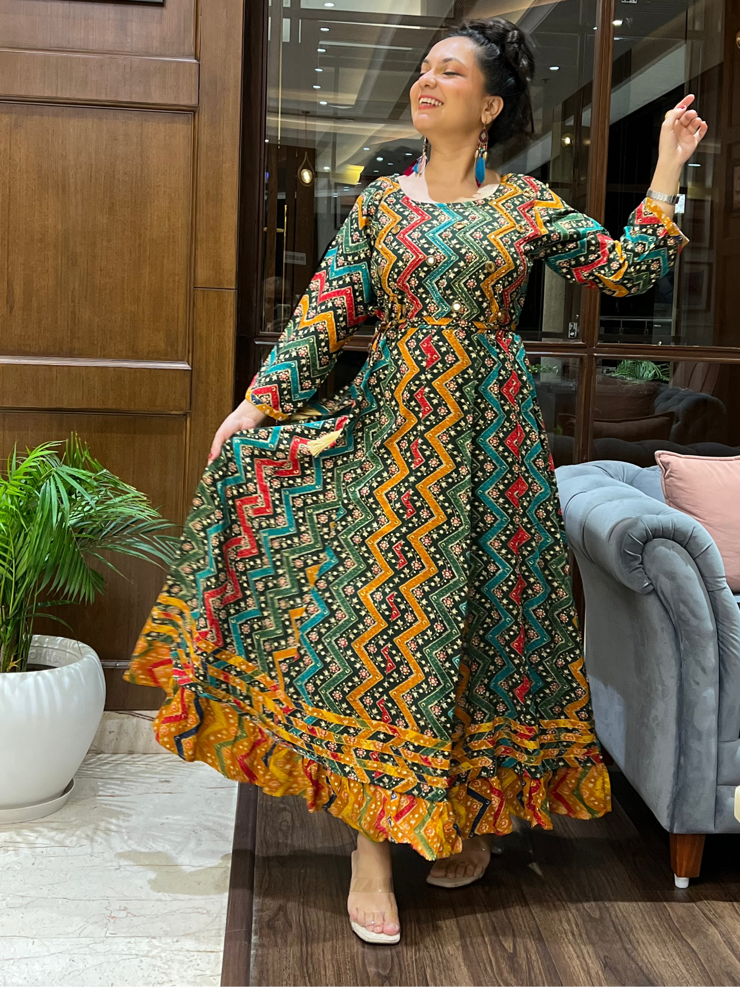 Multicolor Zigzag Print Anarkali in Rayon – Gulzar Fiesta