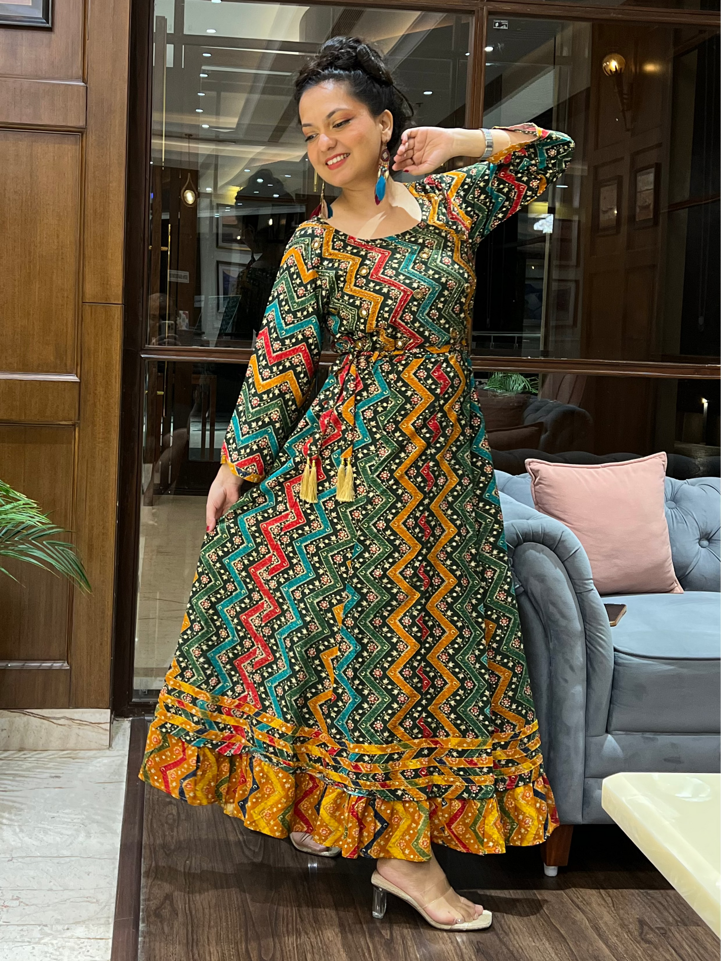 Multicolor Zigzag Print Anarkali in Rayon – Gulzar Fiesta