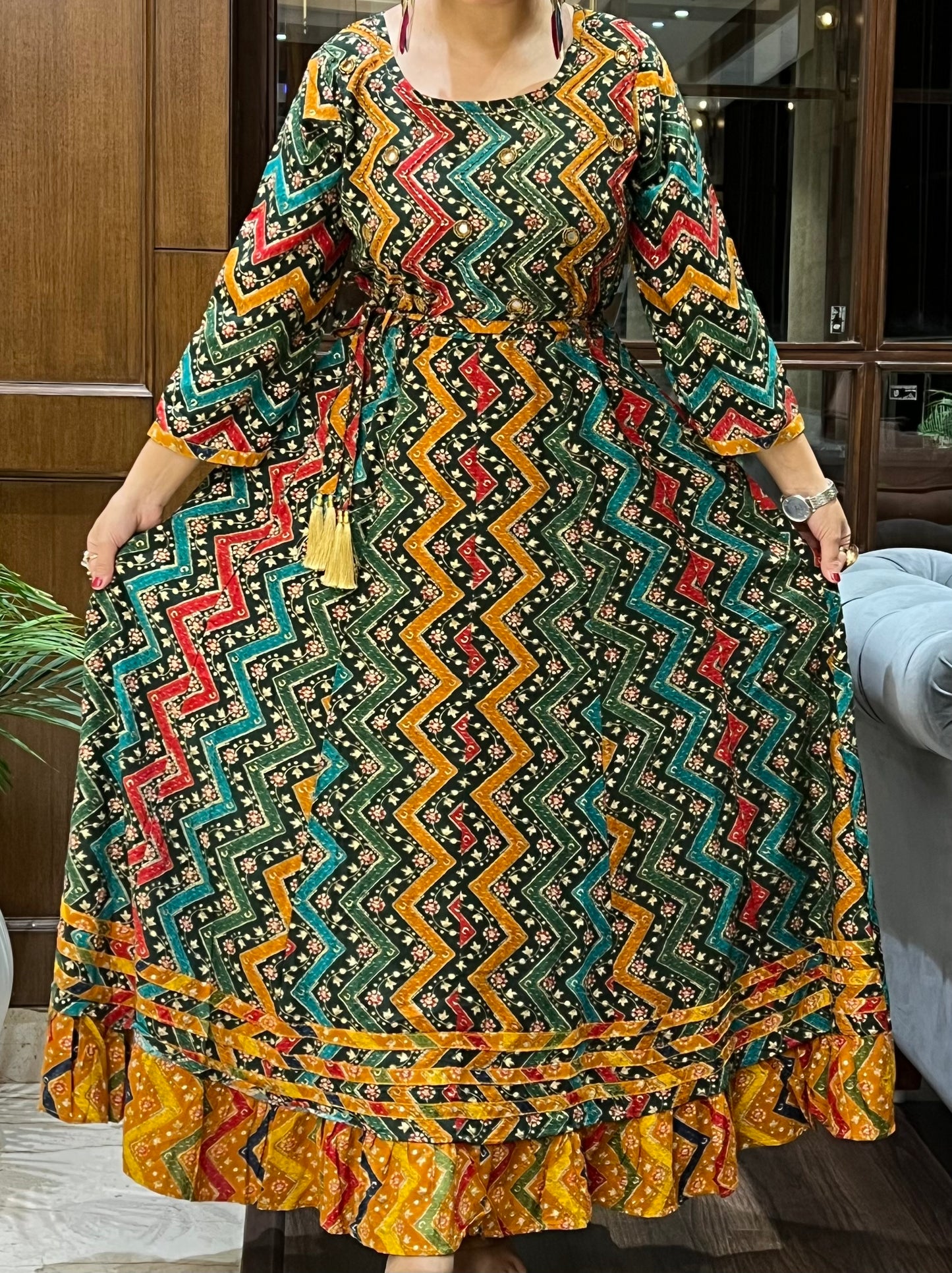 Multicolor Zigzag Print Anarkali in Rayon – Gulzar Fiesta