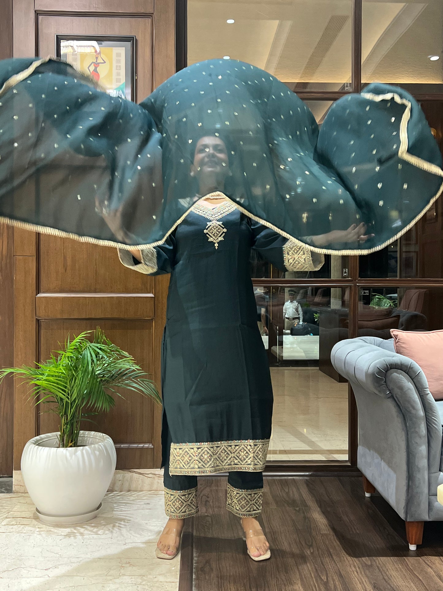 Zardozi Border Kurta Set in Cotton Silk – Emerald Noor