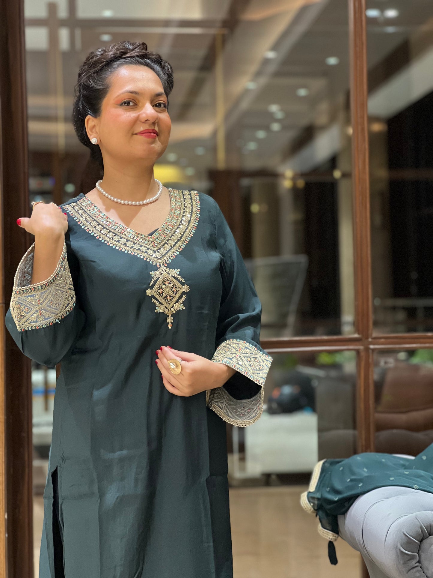 Zardozi Border Kurta Set in Cotton Silk – Emerald Noor
