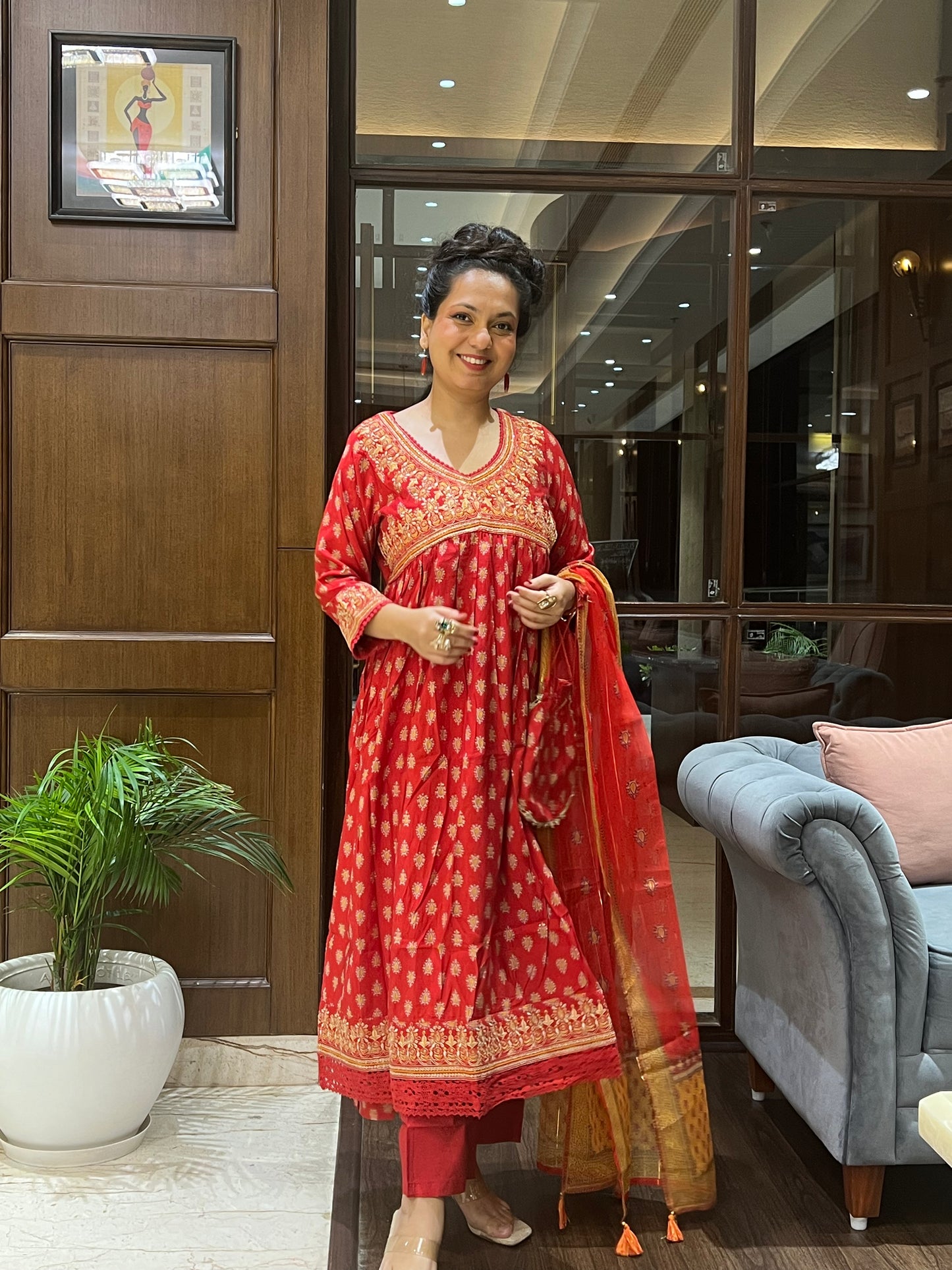 Red Printed Angrakha Kurta Set with Dupatta and Purse– Laalima Festive