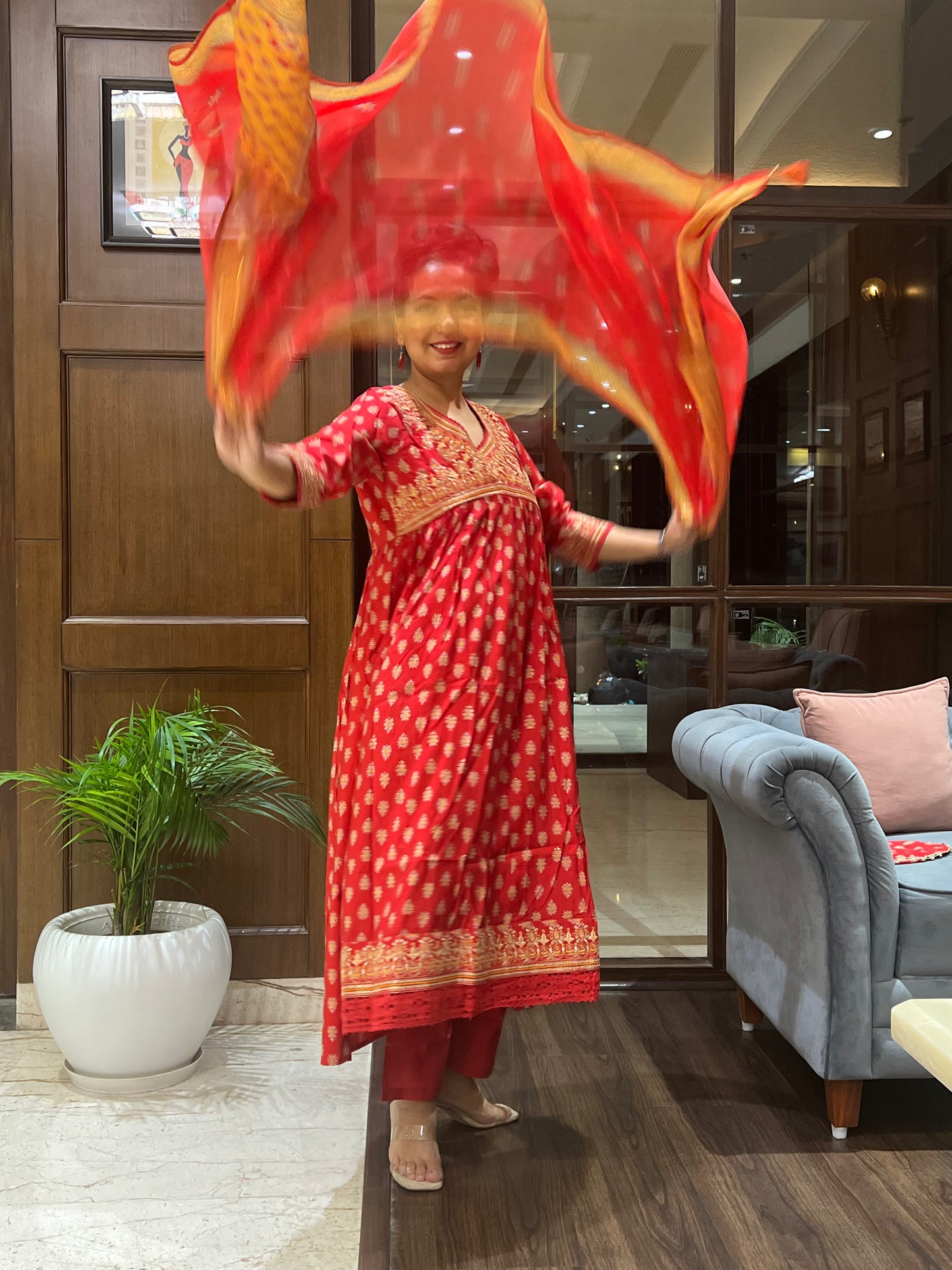 Red Printed Angrakha Kurta Set with Dupatta and Purse– Laalima Festive