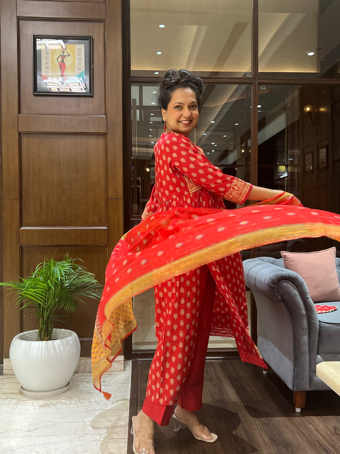 Red Printed Angrakha Kurta Set with Dupatta and Purse– Laalima Festive