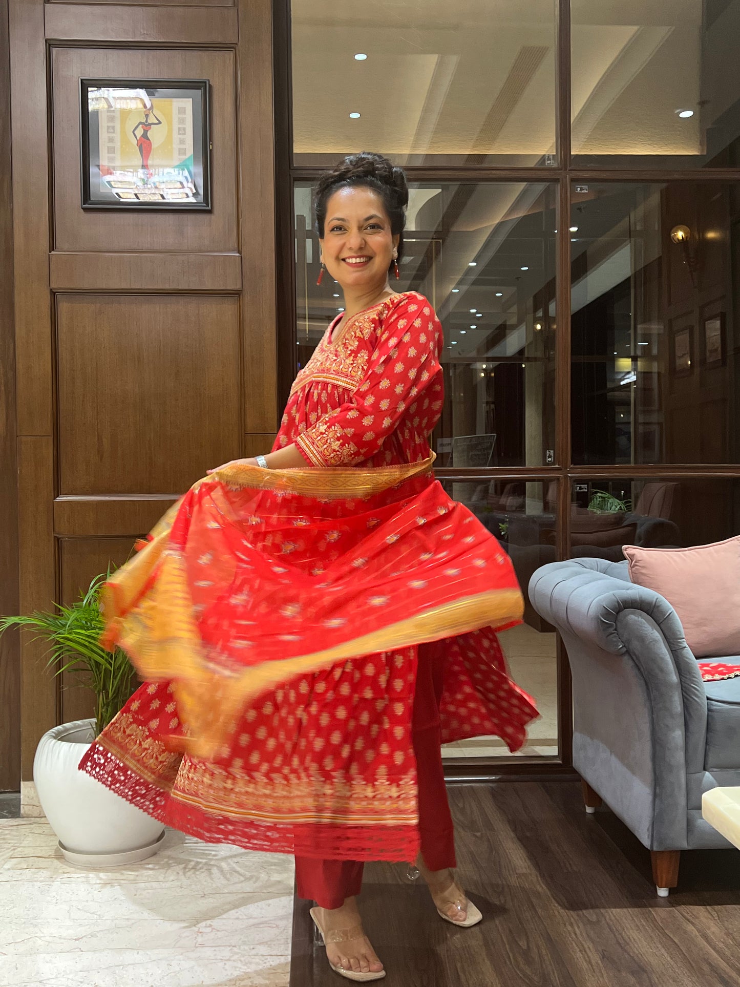 Red Printed Angrakha Kurta Set with Dupatta and Purse– Laalima Festive