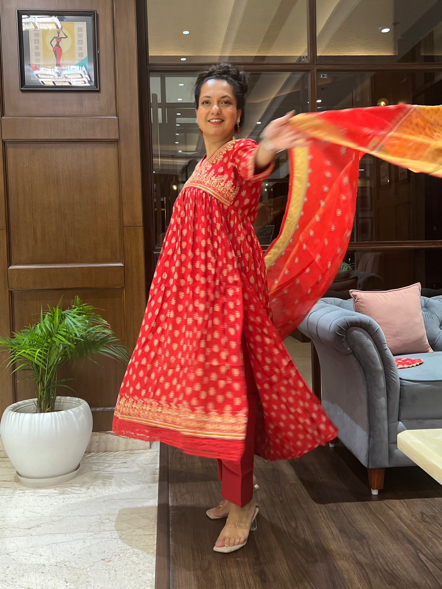 Red Printed Angrakha Kurta Set with Dupatta and Purse– Laalima Festive