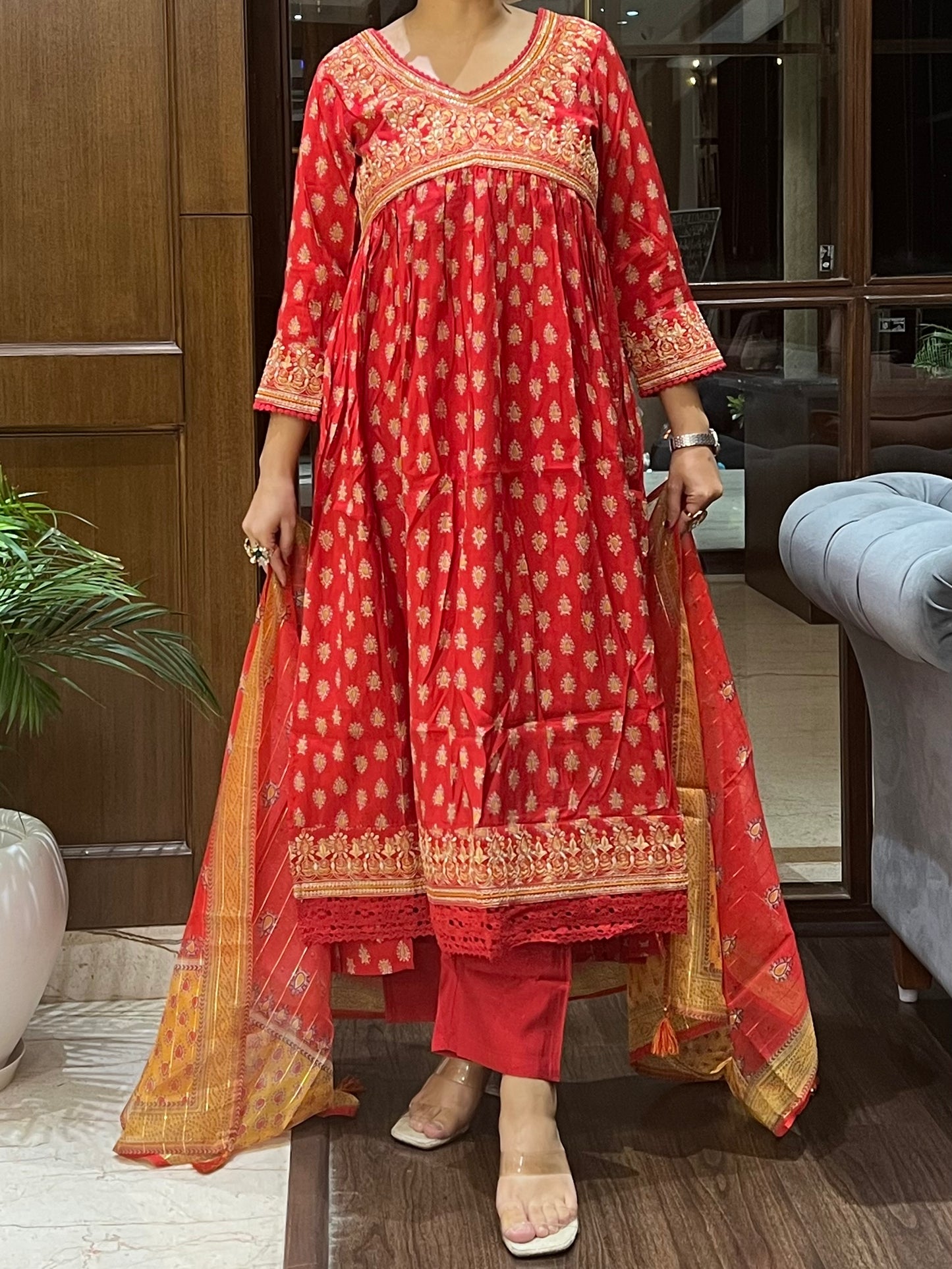 Red Printed Angrakha Kurta Set with Dupatta and Purse– Laalima Festive