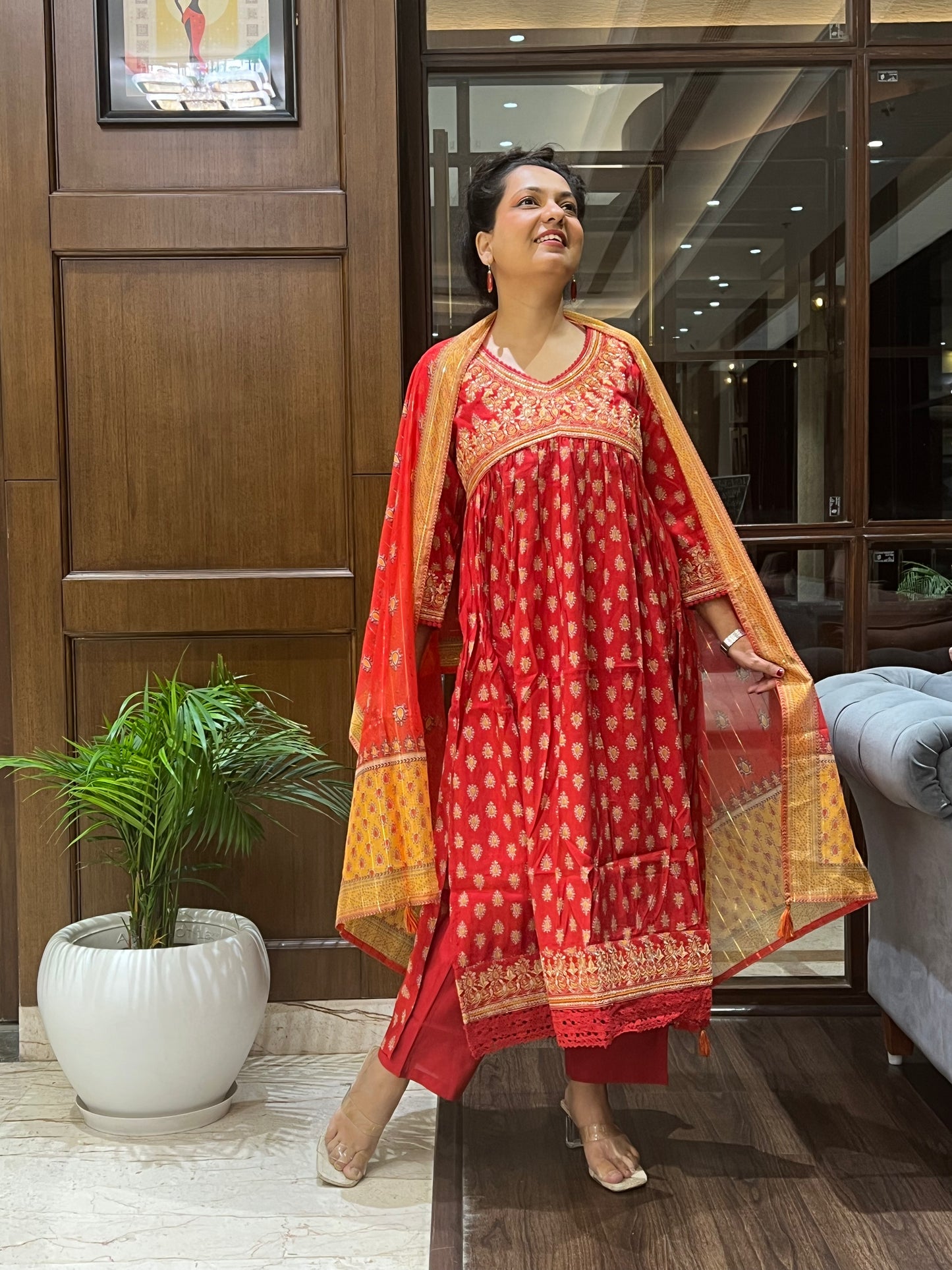 Red Printed Angrakha Kurta Set with Dupatta and Purse– Laalima Festive