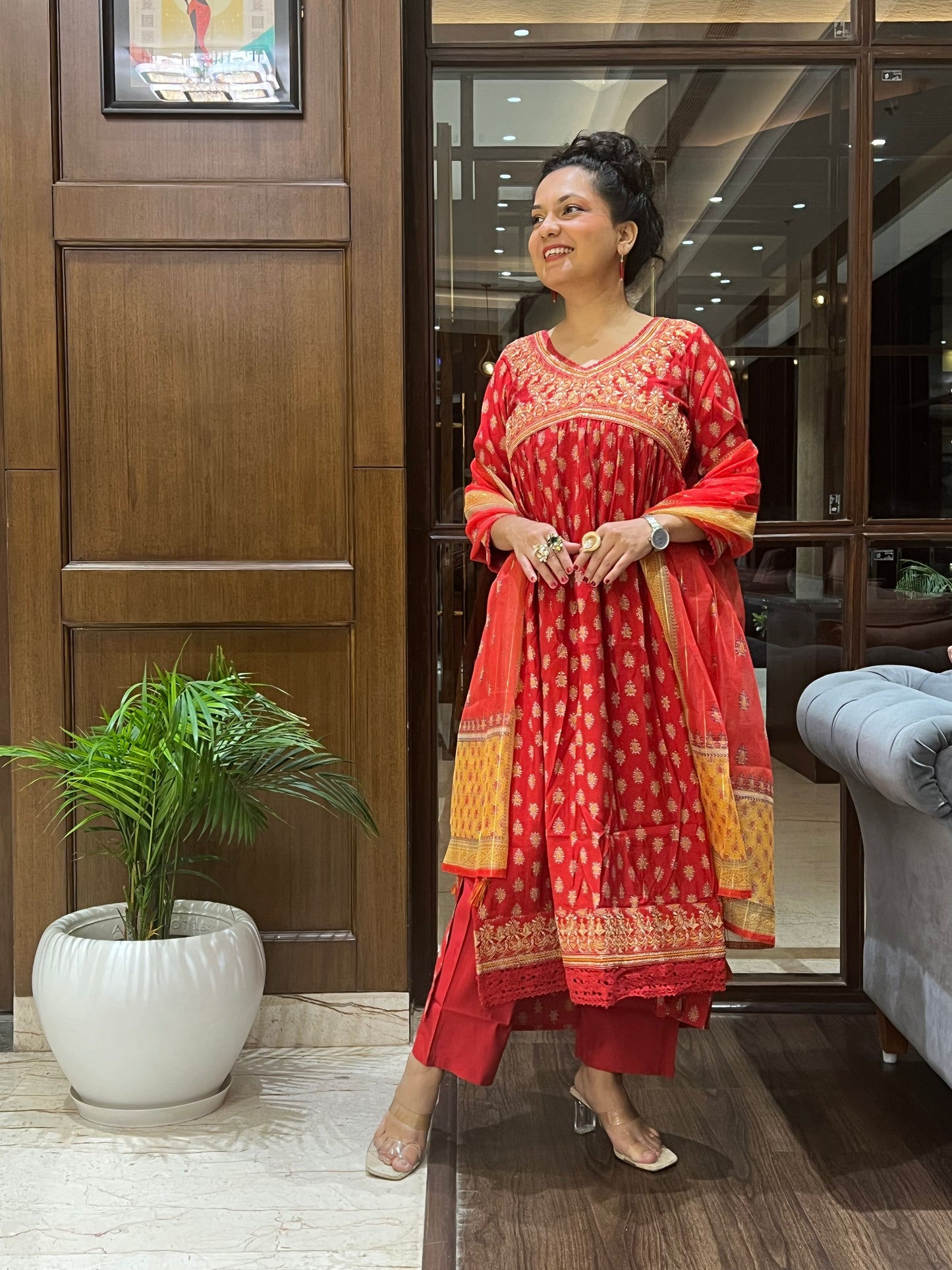 Red Printed Angrakha Kurta Set with Dupatta and Purse– Laalima Festive
