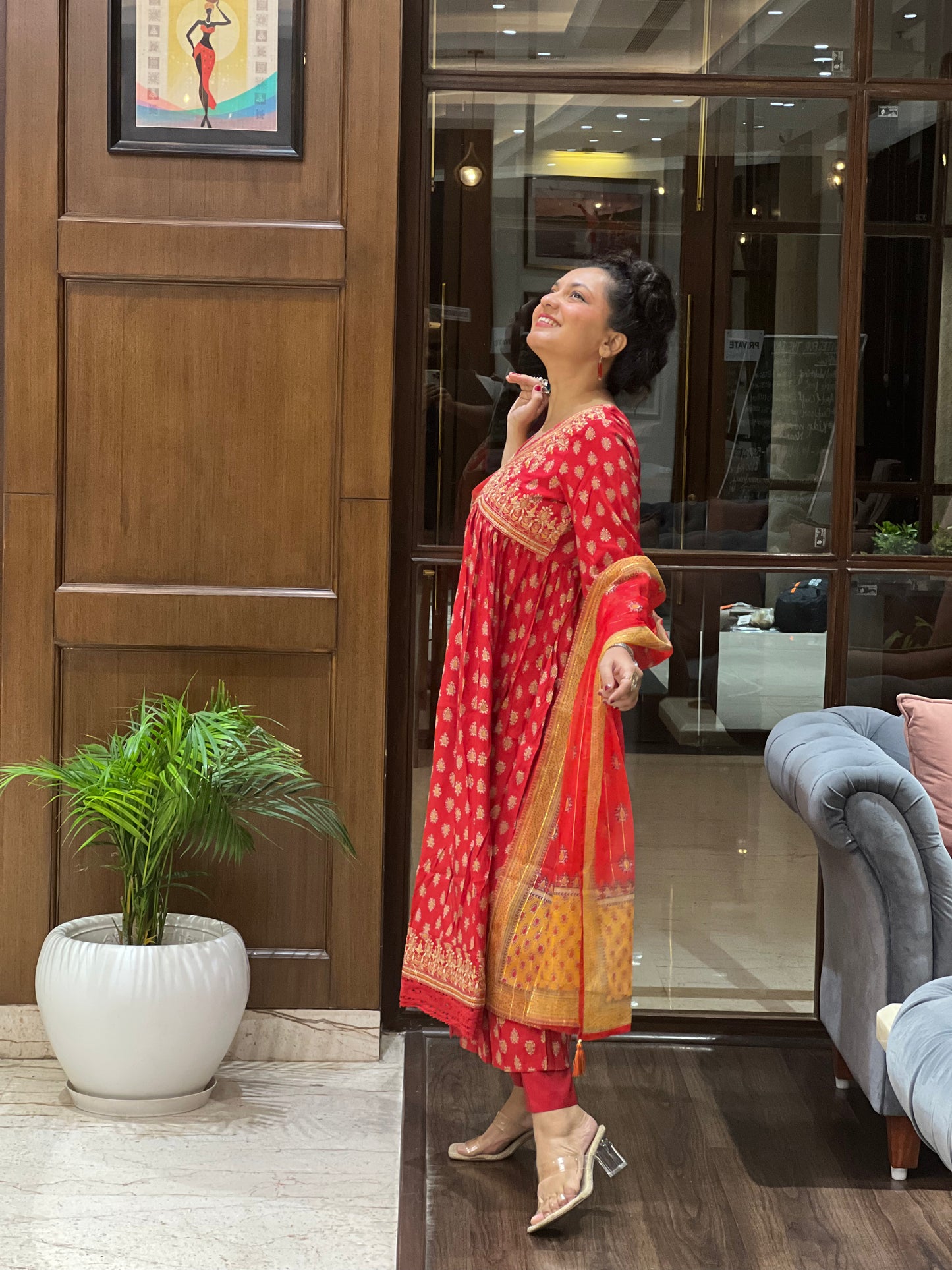 Red Printed Angrakha Kurta Set with Dupatta and Purse– Laalima Festive