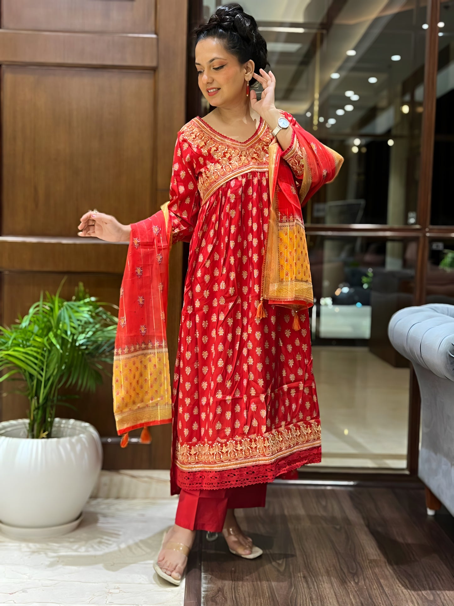 Red Printed Angrakha Kurta Set with Dupatta and Purse– Laalima Festive