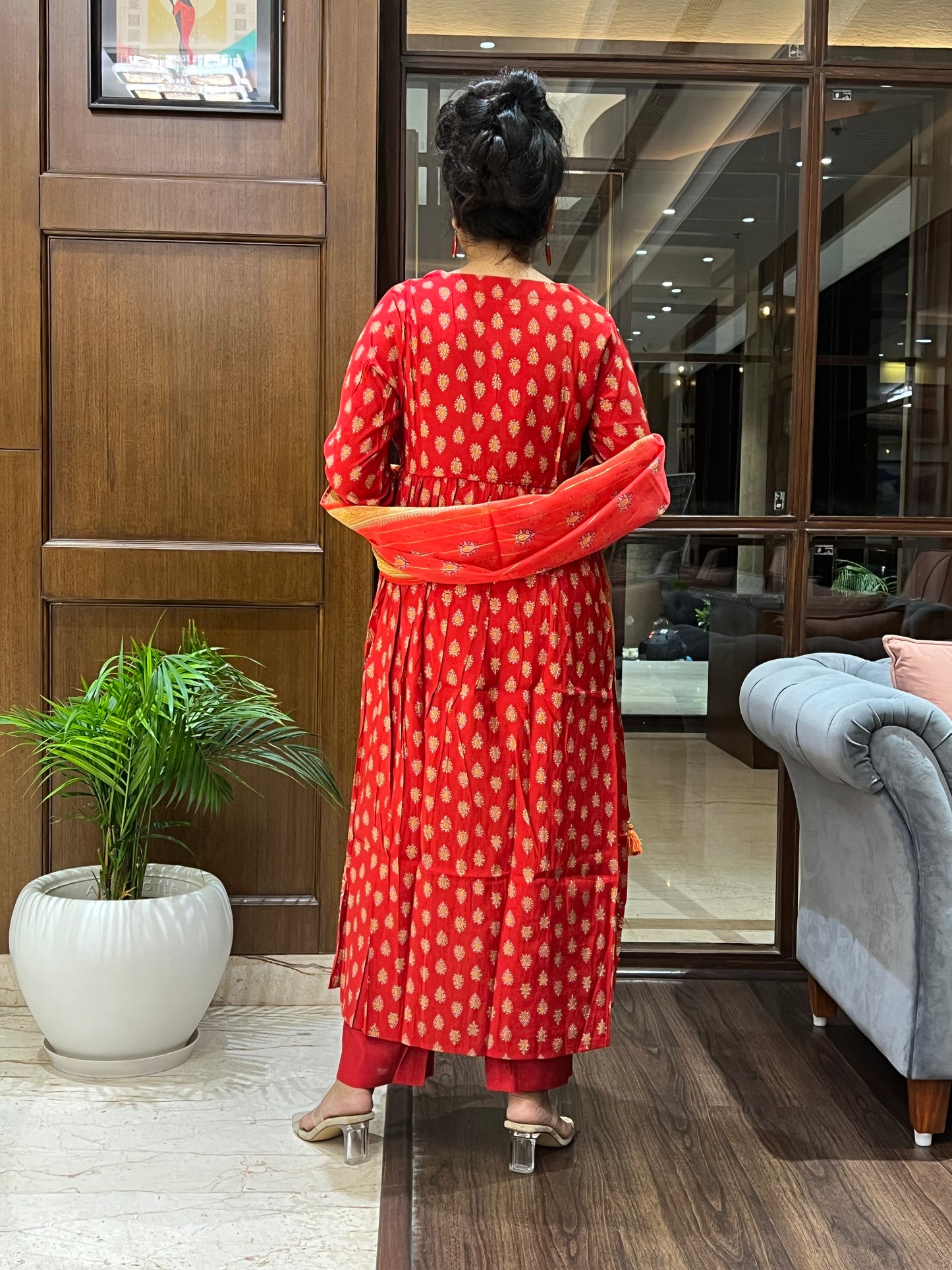 Red Printed Angrakha Kurta Set with Dupatta and Purse– Laalima Festive