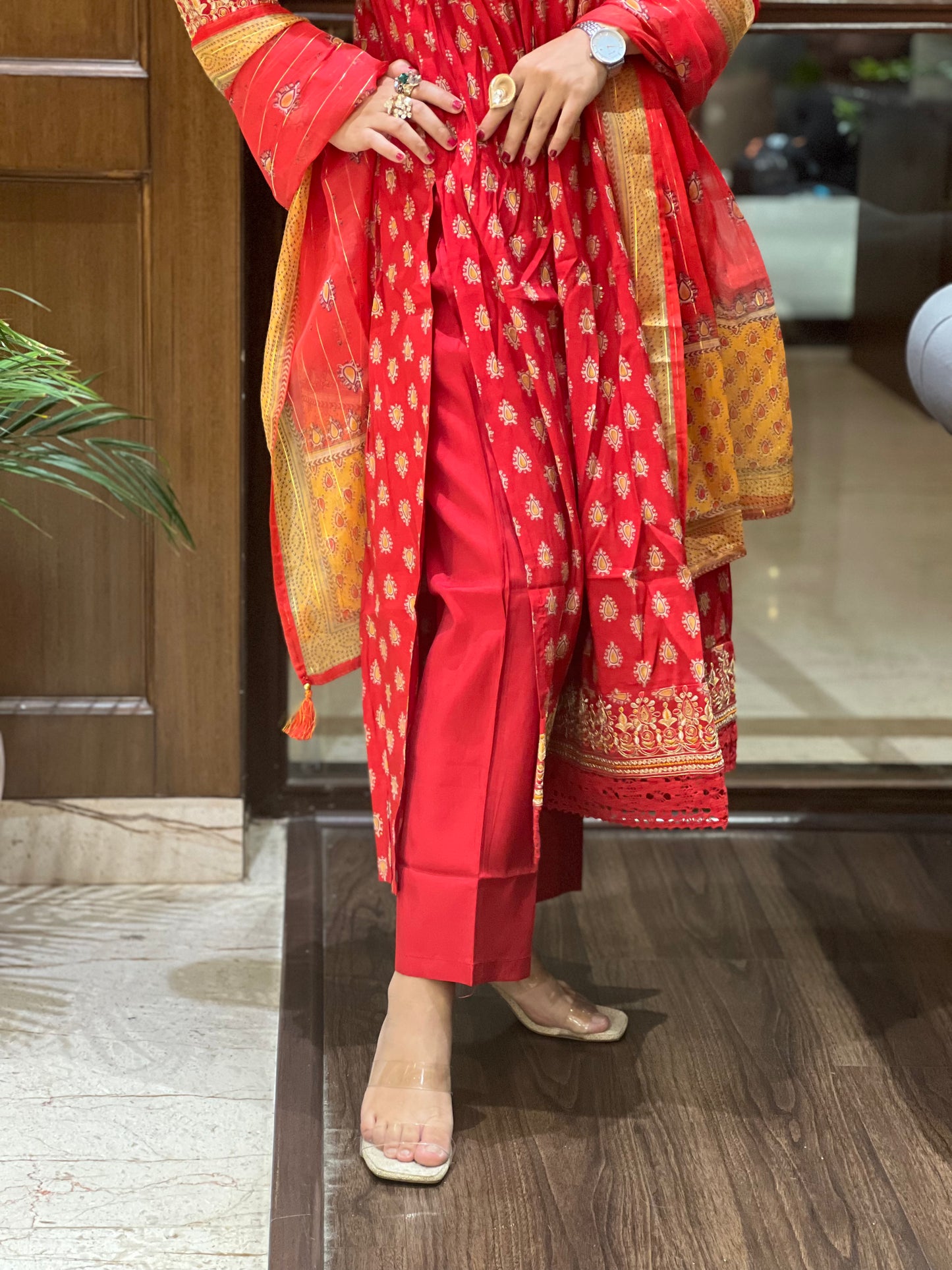 Red Printed Angrakha Kurta Set with Dupatta and Purse– Laalima Festive