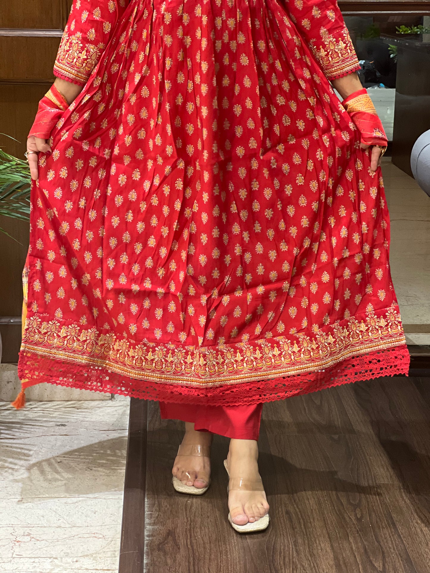 Red Printed Angrakha Kurta Set with Dupatta and Purse– Laalima Festive