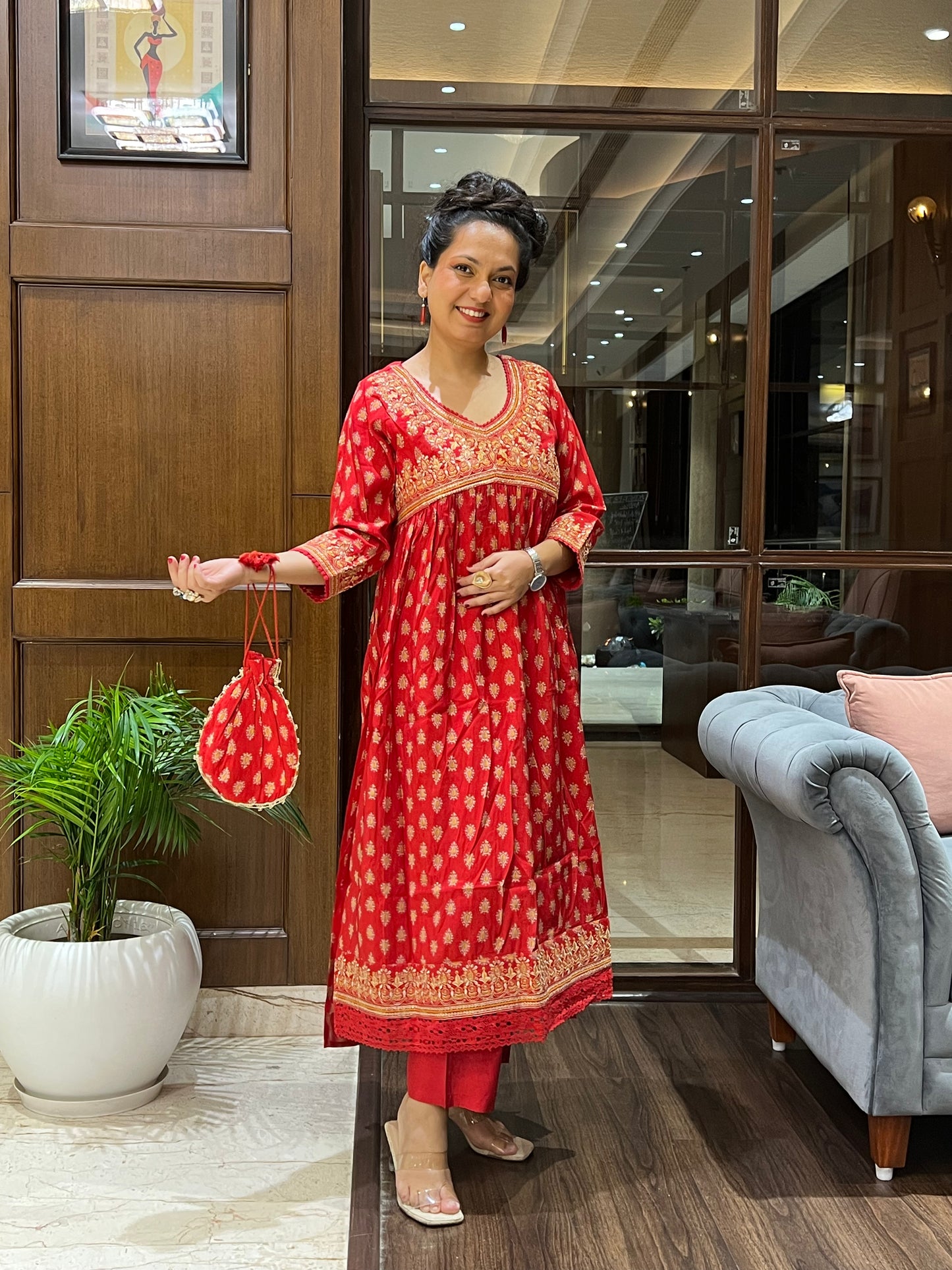 Red Printed Angrakha Kurta Set with Dupatta and Purse– Laalima Festive