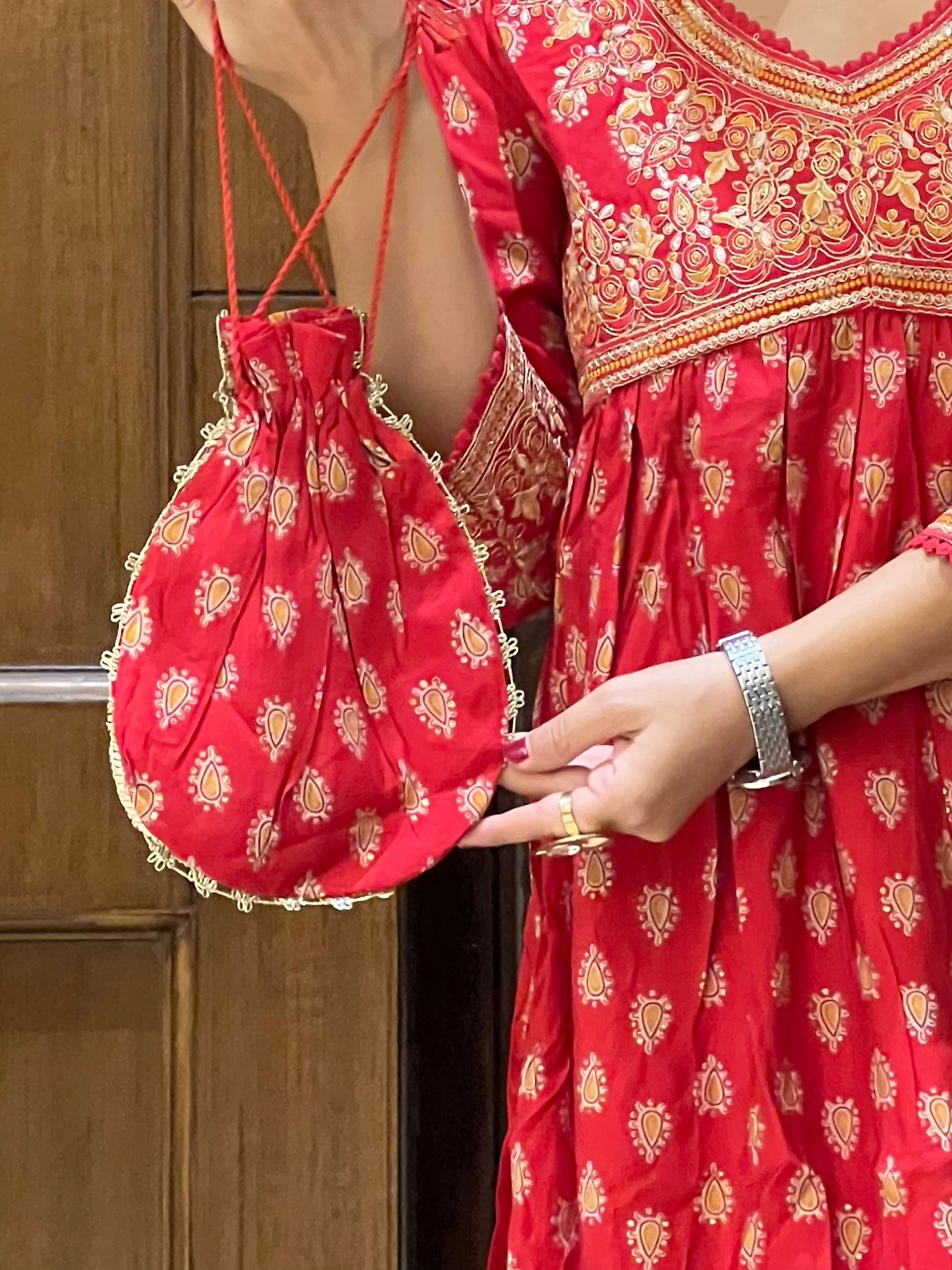 Red Printed Angrakha Kurta Set with Dupatta and Purse– Laalima Festive