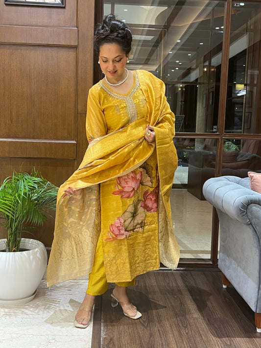 Mustard Yellow Floral Kurta in Cotton Silk – Kamala Gold