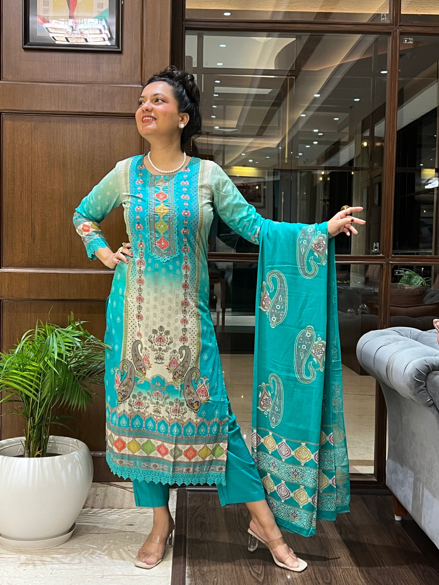 Firozi Print Kurta Set with Dupatta – Firozi Teal
